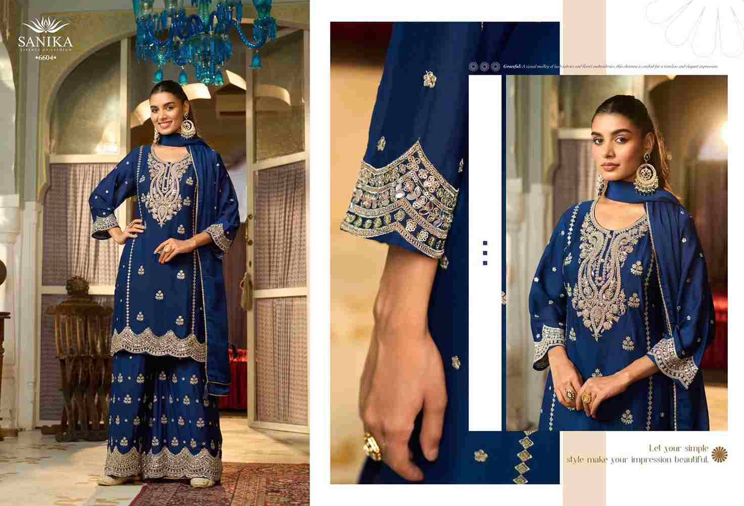 Monica By Sanika 6601 To 6604 Series Beautiful Sharara Suits Stylish Fancy Colorful Party Wear & Occasional Wear Premium Chinnon Silk Dresses At Wholesale Price