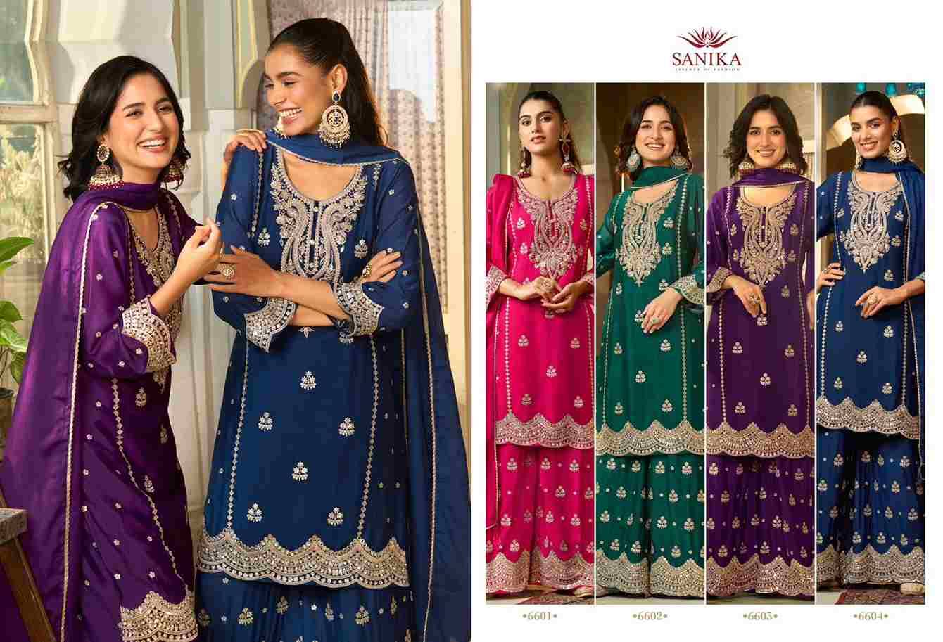 Monica By Sanika 6601 To 6604 Series Beautiful Sharara Suits Stylish Fancy Colorful Party Wear & Occasional Wear Premium Chinnon Silk Dresses At Wholesale Price