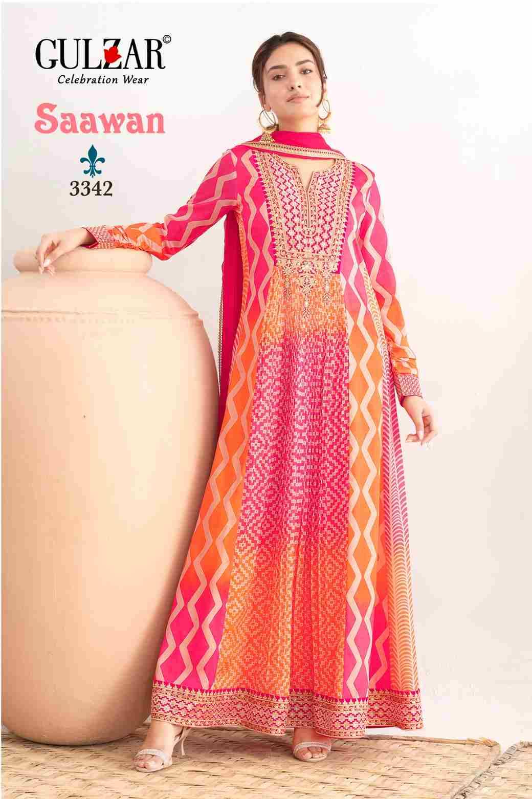 Saawan By Gulzar 3341 To 3343 Series Designer Stylish Fancy Colorful Beautiful Party Wear & Ethnic Wear Collection Premium Chinnon Gown With Bottom At Wholesale Price
