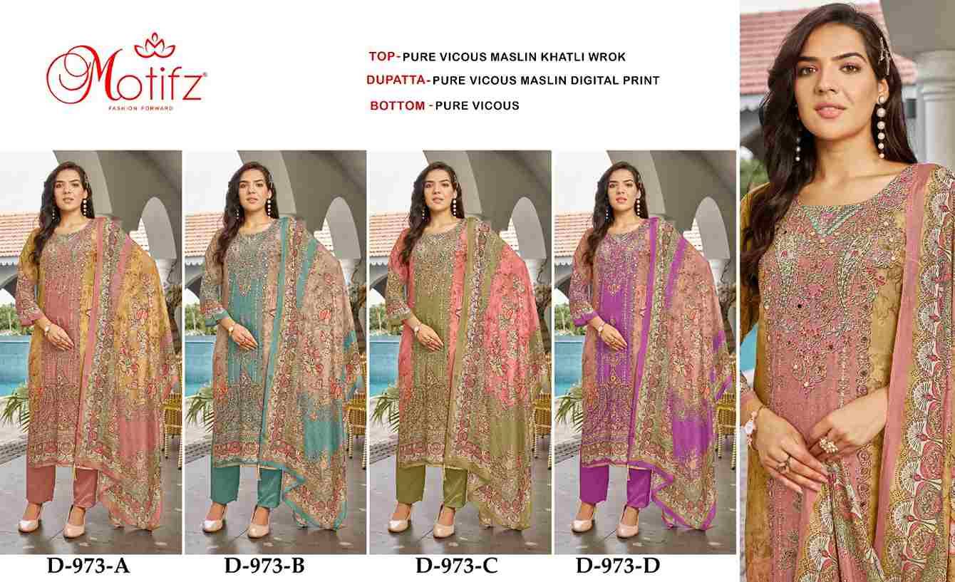 Motifz Hit Design 973 Colours By Motifz 973-A To 973-D Series Beautiful Pakistani Suits Colorful Stylish Fancy Casual Wear & Ethnic Wear Viscose Muslin Dresses At Wholesale Price
