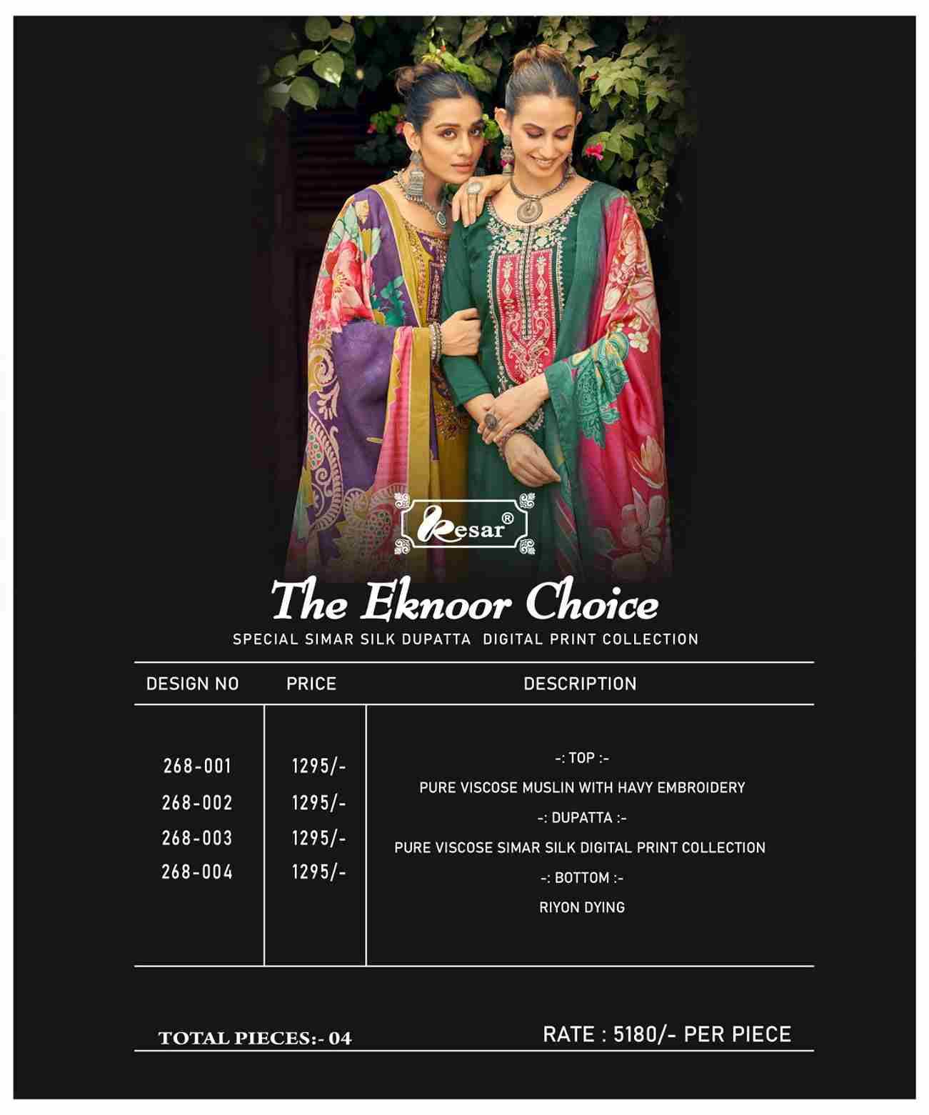 The Eknoor Choice By Kesar 268-001 To 268-004 Series Beautiful Festive Suits Colorful Stylish Fancy Casual Wear & Ethnic Wear Viscose Muslin Dresses At Wholesale Price