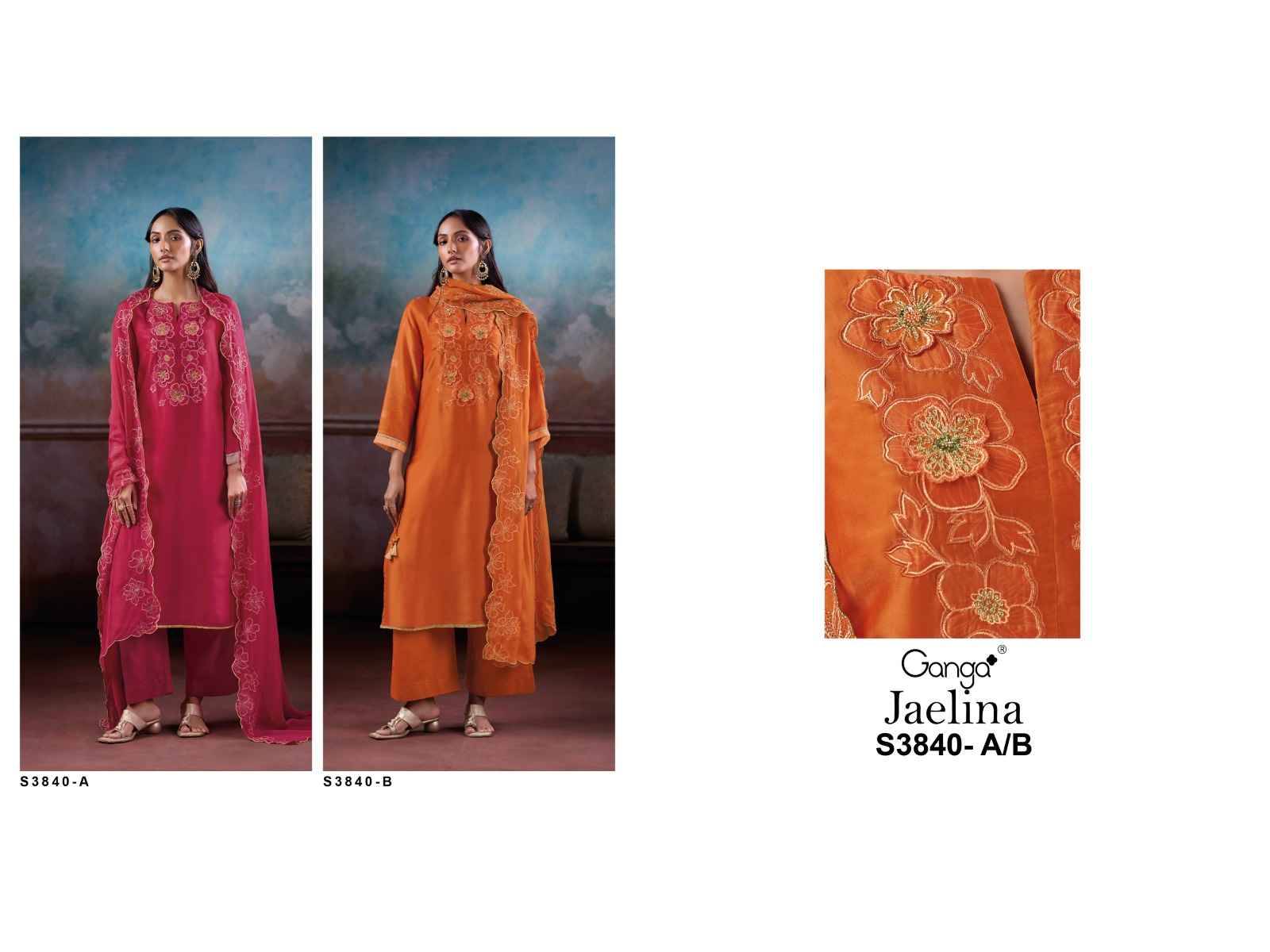 Jaelina-3840 By Ganga Fashion 3840-A To 3840-B Series Beautiful Festive Suits Stylish Colorful Fancy Casual Wear & Ethnic Wear Premium Bemberg Silk Satin Print Dresses At Wholesale Price