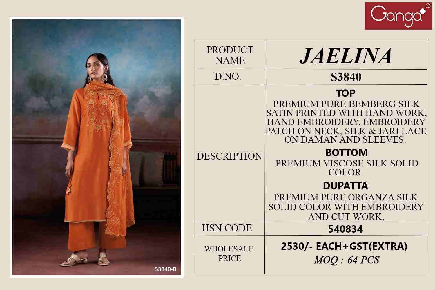 Jaelina-3840 By Ganga Fashion 3840-A To 3840-B Series Beautiful Festive Suits Stylish Colorful Fancy Casual Wear & Ethnic Wear Premium Bemberg Silk Satin Print Dresses At Wholesale Price