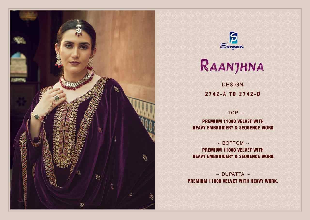 Raanjhna By Sargam Prints 2742-A To 2742-D Series Beautiful Festive Suits Stylish Fancy Colorful Casual Wear & Ethnic Wear Pure Velvet Dresses At Wholesale Price