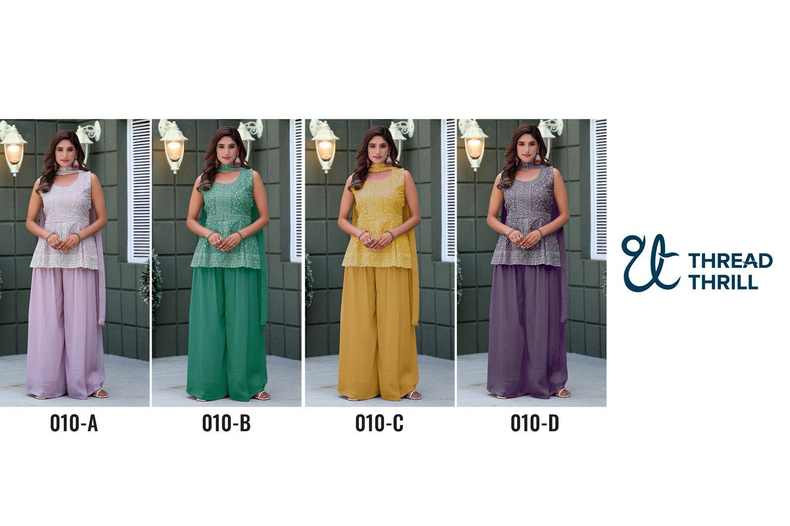 Thread Thrill 010 Colours By Thread Thrill 010-A To 010-D Series Beautiful Sharara Suits Colorful Stylish Fancy Casual Wear & Ethnic Wear Heavy Georgette Embroidered Dresses At Wholesale Price