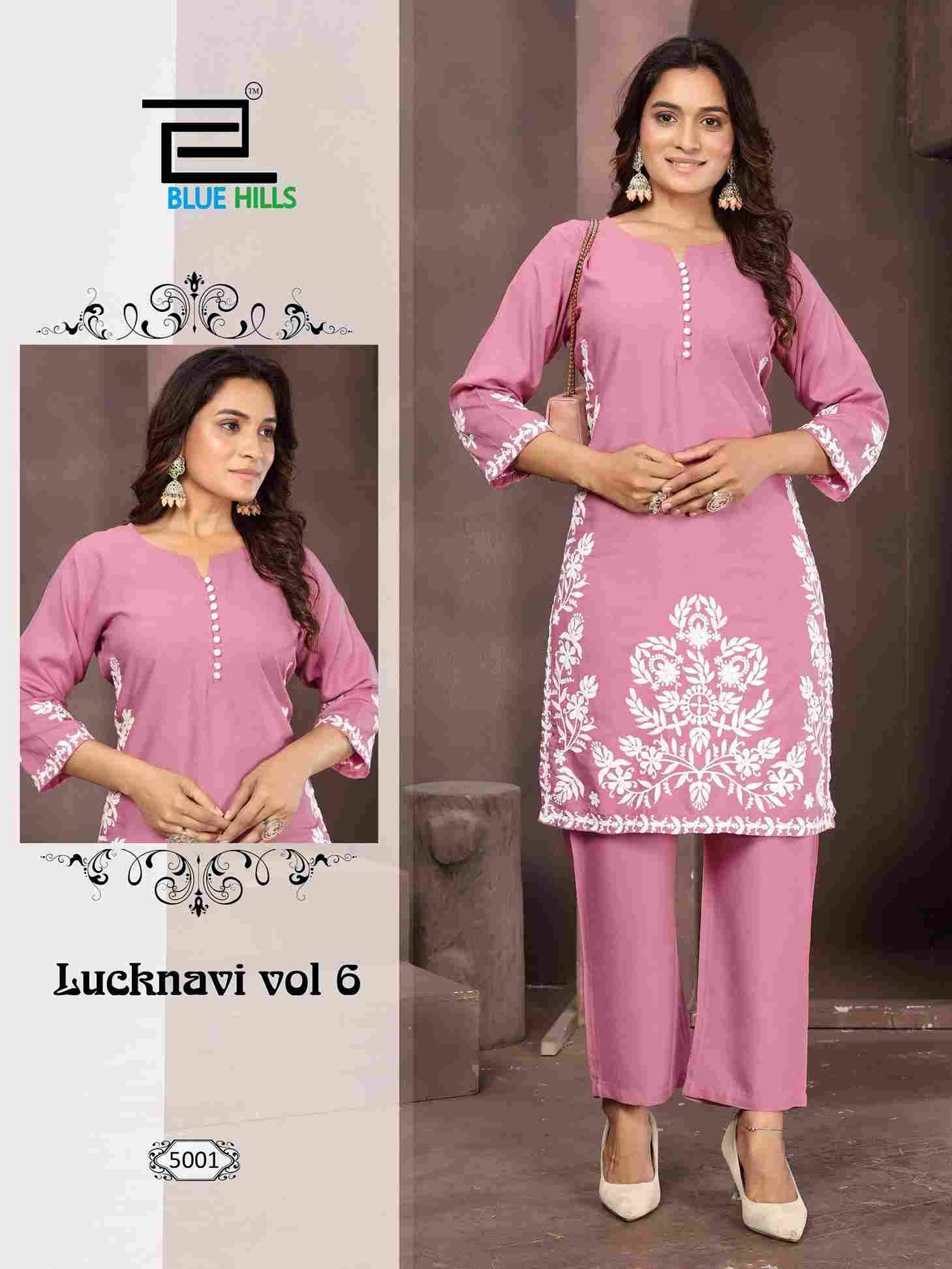 Lucknavi Vol-6 By Blue Hills 5001 To 5004 Series Designer Collection Beautiful Stylish Fancy Colorful Party Wear & Occasional Wear Rayon Print Kurtis With Bottom At Wholesale Price