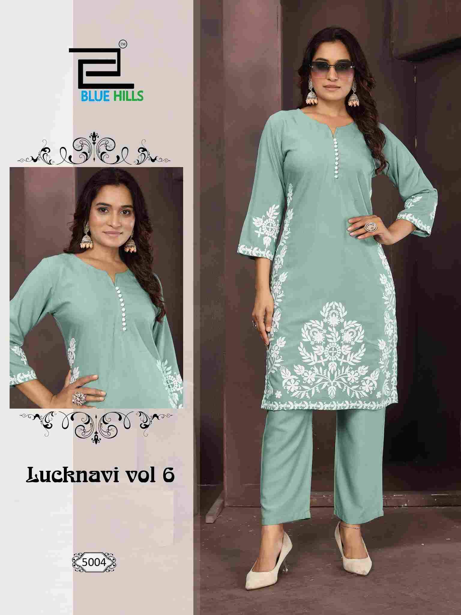 Lucknavi Vol-6 By Blue Hills 5001 To 5004 Series Designer Collection Beautiful Stylish Fancy Colorful Party Wear & Occasional Wear Rayon Print Kurtis With Bottom At Wholesale Price