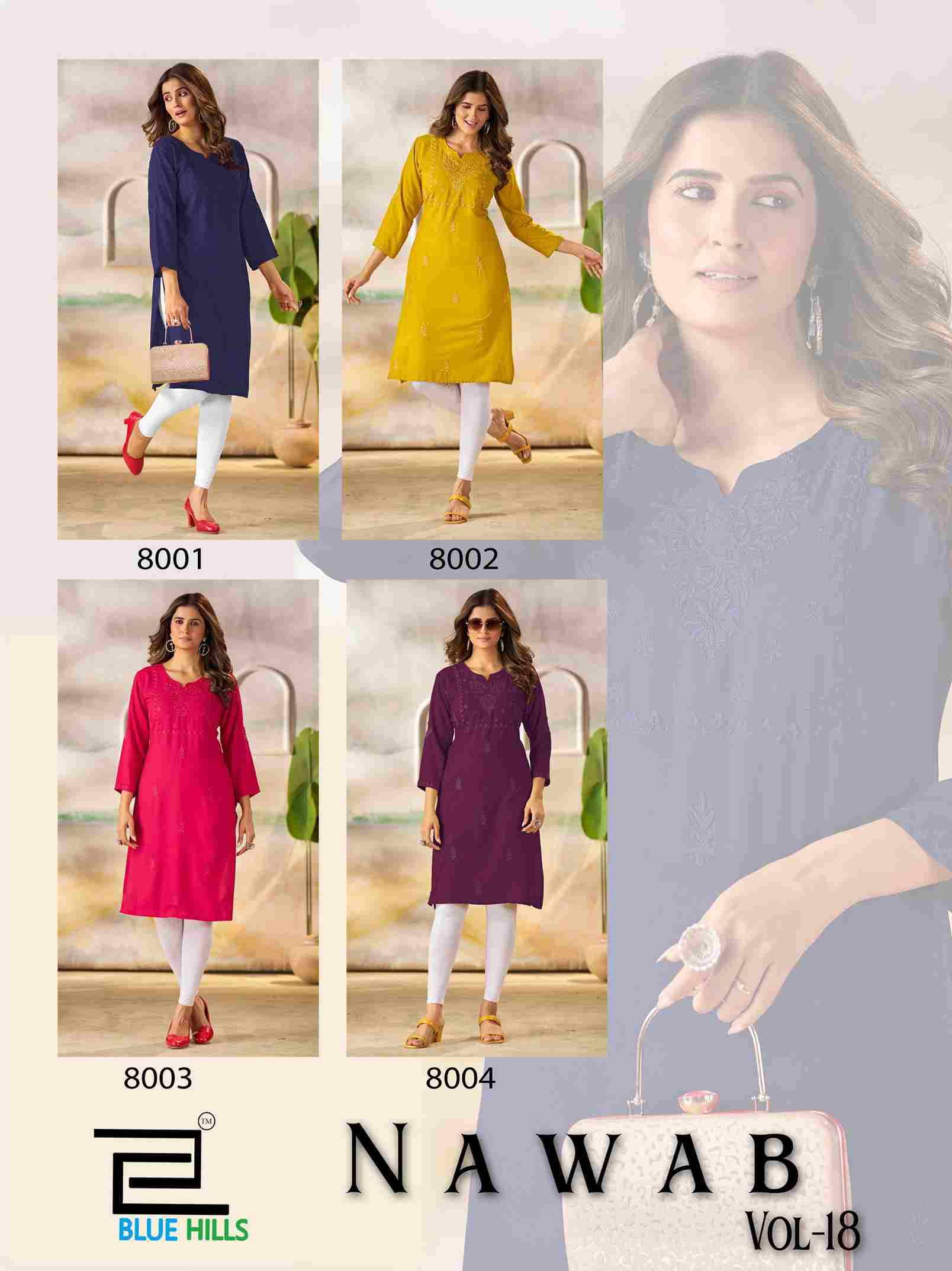 Nawab Vol-18 By Blue Hills 8001 To 8004 Series Designer Stylish Fancy Colorful Beautiful Party Wear & Ethnic Wear Collection Heavy Rayon Print Kurtis At Wholesale Price