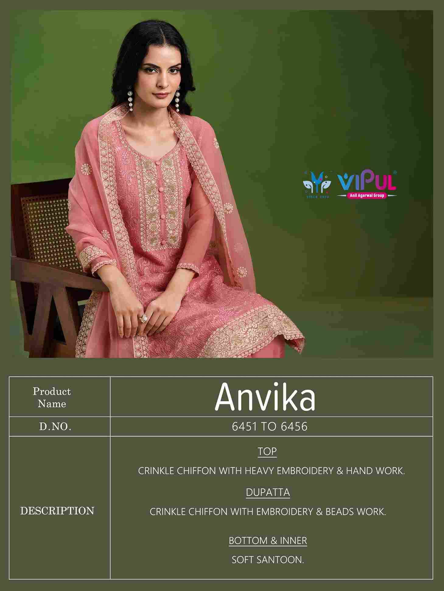 Anvika By Vipul Fashion 6451 To 6456 Series Designer Festive Suits Beautiful Fancy Stylish Colorful Party Wear & Occasional Wear Chiffon With Embroidery Dresses At Wholesale Price