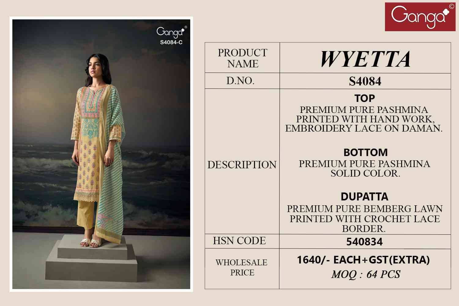 Wyetta-4084 By Ganga Fashion 4084-A To 4084-D Series Beautiful Festive Suits Stylish Colorful Fancy Casual Wear & Ethnic Wear Pure Pashmina Print Dresses At Wholesale Price