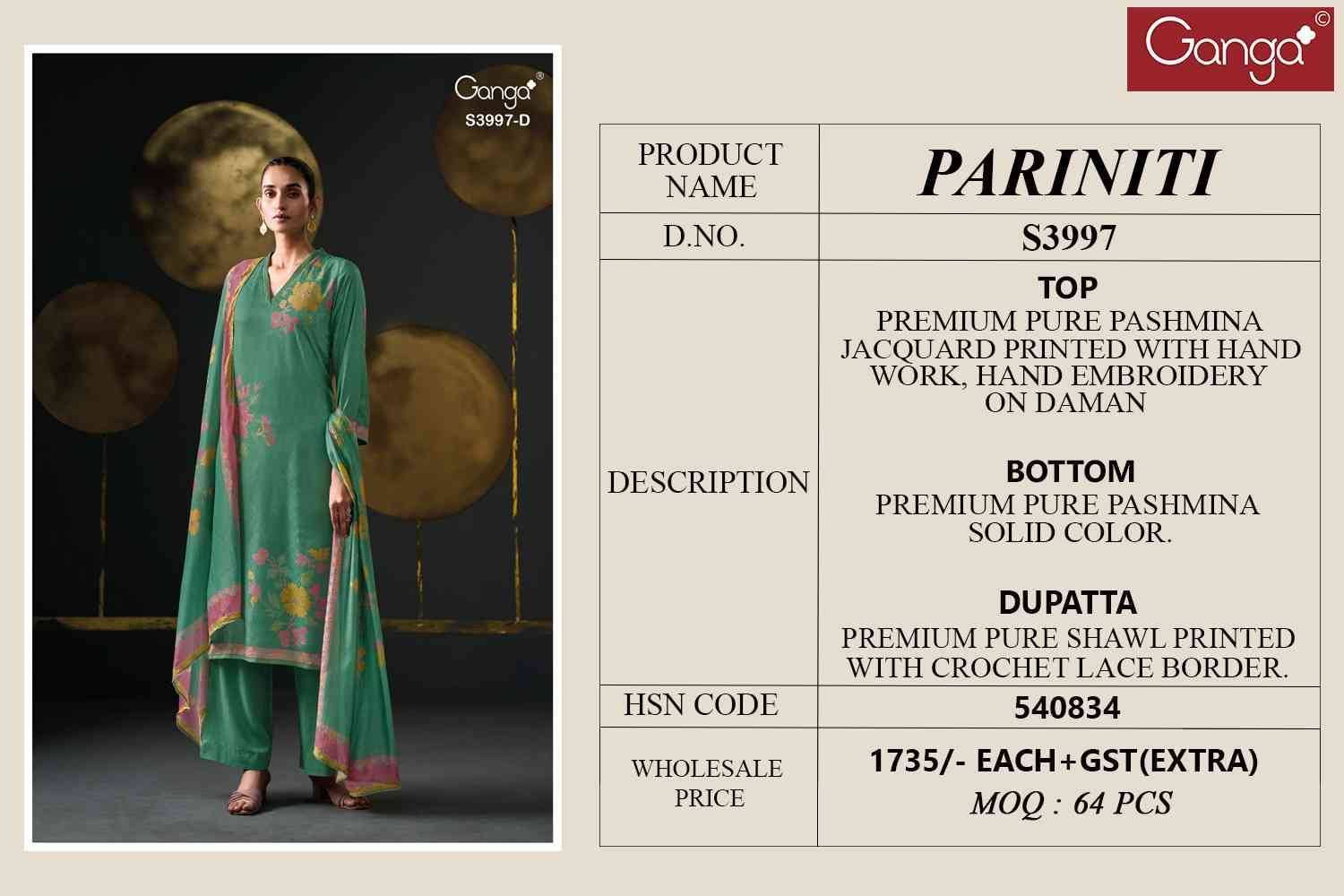Pariniti-3997 By Ganga Fashion 3997-A To 3997-D Series Beautiful Festive Suits Stylish Colorful Fancy Casual Wear & Ethnic Wear Pure Pashmina Print Dresses At Wholesale Price