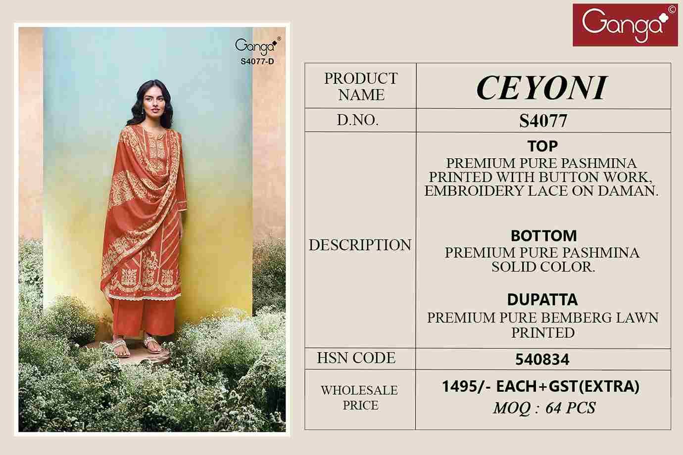 Ceyoni-4077 By Ganga Fashion 4077-A To 4077-D Series Beautiful Festive Suits Stylish Colorful Fancy Casual Wear & Ethnic Wear Pure Pashmina Print Dresses At Wholesale Price
