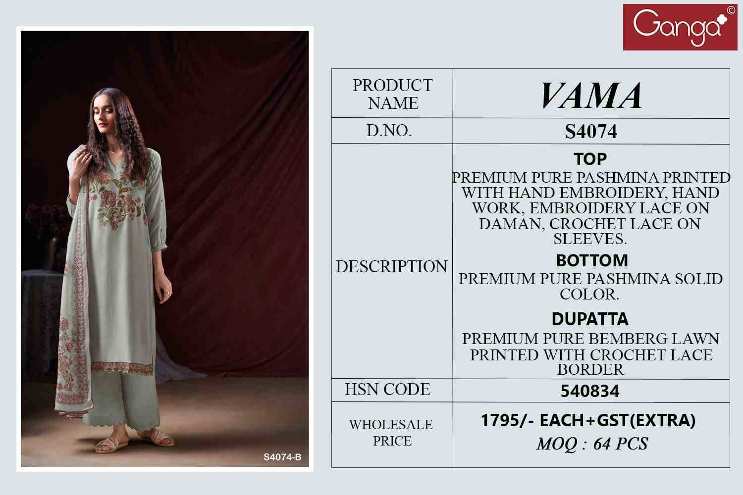 Vama-4074 By Ganga Fashion 4074-A To 4074-B Series Beautiful Festive Suits Stylish Colorful Fancy Casual Wear & Ethnic Wear Pure Pashmina Print Dresses At Wholesale Price