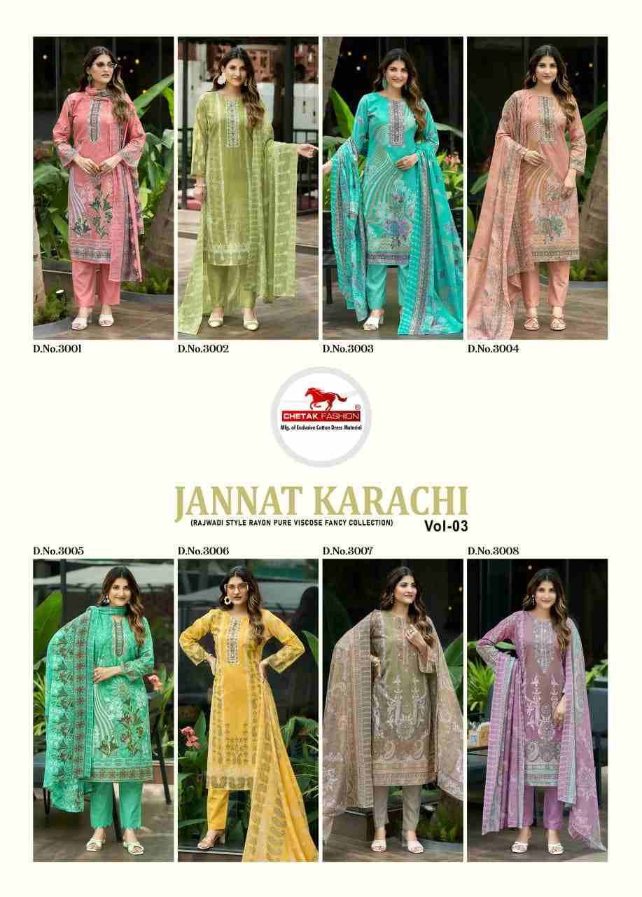 Jannat Karachi Vol-3 By Chetak Fashion 3001 To 3008 Series Beautiful Festive Suits Colorful Stylish Fancy Casual Wear & Ethnic Wear Cambric Cotton Print Dresses At Wholesale Price