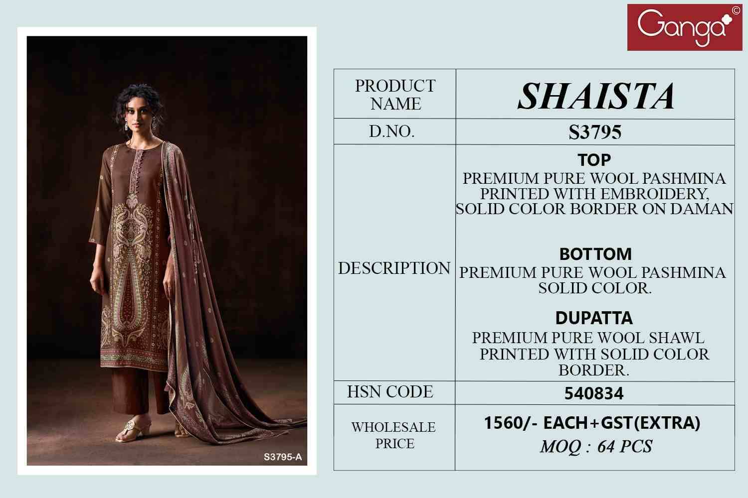 Shaista-3795 By Ganga Fashion 3795-A To 3795-C Series Beautiful Festive Suits Stylish Colorful Fancy Casual Wear & Ethnic Wear Pure Pashmina Print Dresses At Wholesale Price