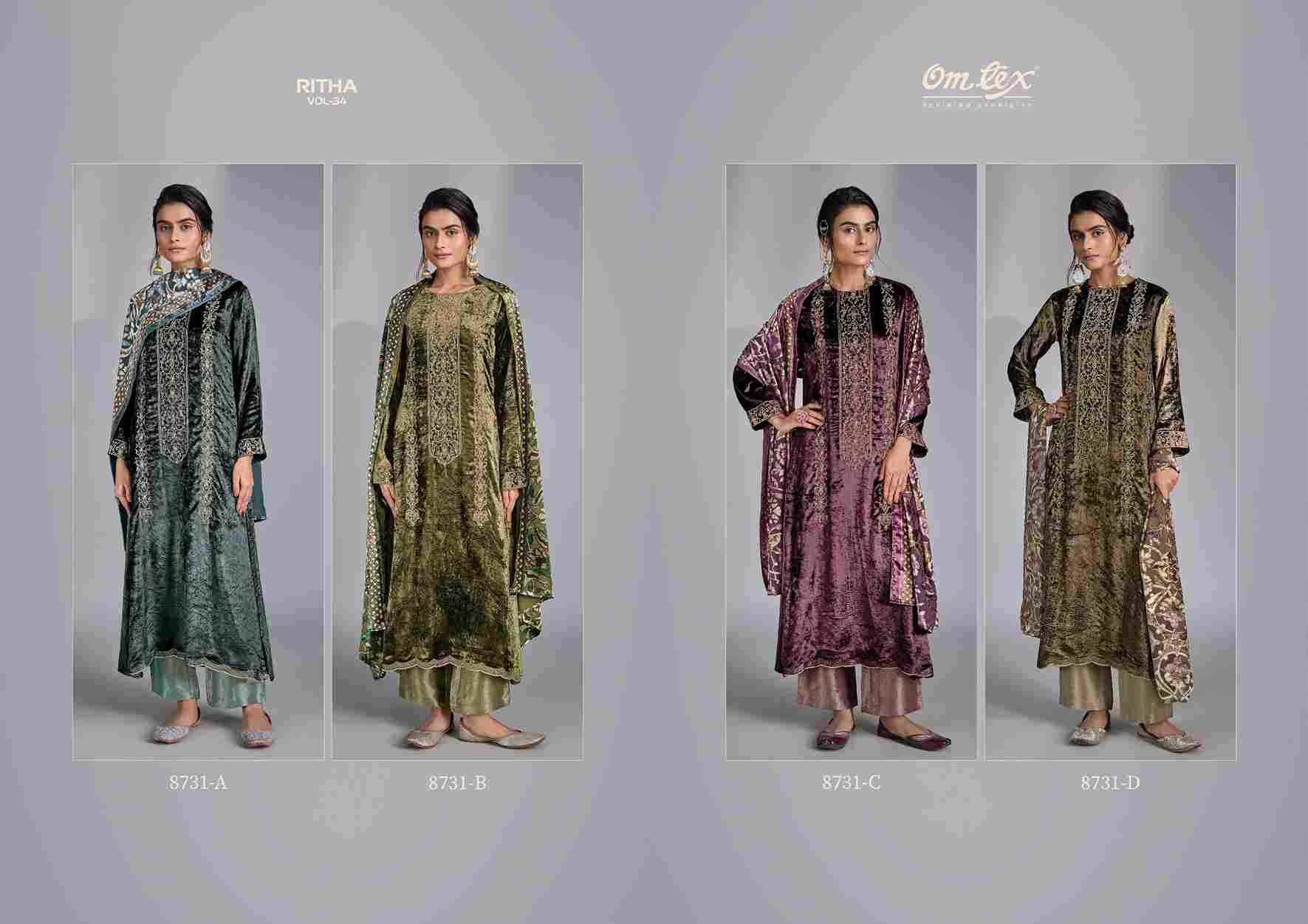 Ritha Vol-34 By Om Tex 8731-A To 8731-D Series Beautiful Festive Suits Colorful Stylish Fancy Casual Wear & Ethnic Wear Viscose Velvet Dresses At Wholesale Price
