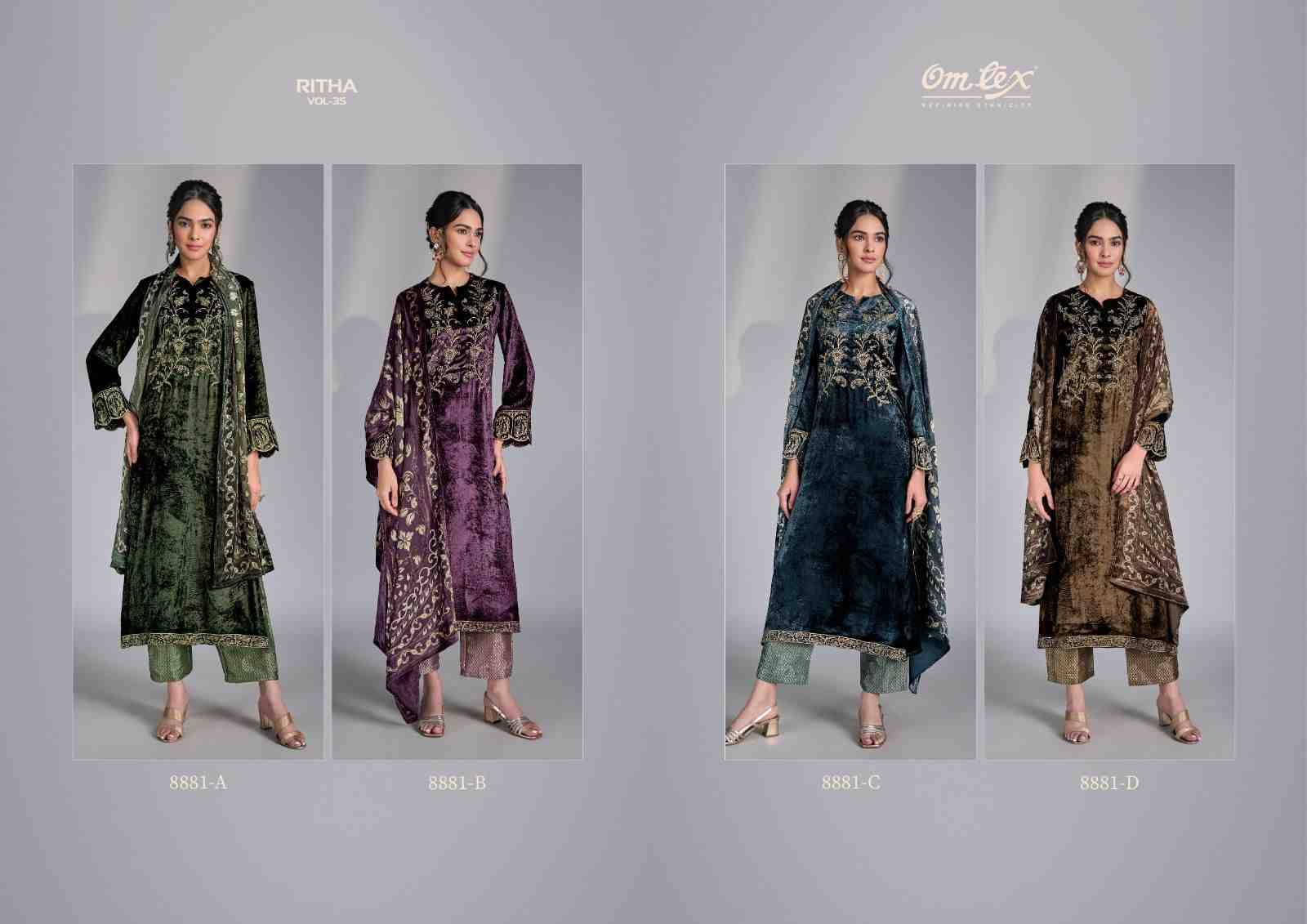 Ritha Vol-35 By Om Tex 8881-A To 8881-D Series Beautiful Festive Suits Colorful Stylish Fancy Casual Wear & Ethnic Wear Viscose Velvet Dresses At Wholesale Price