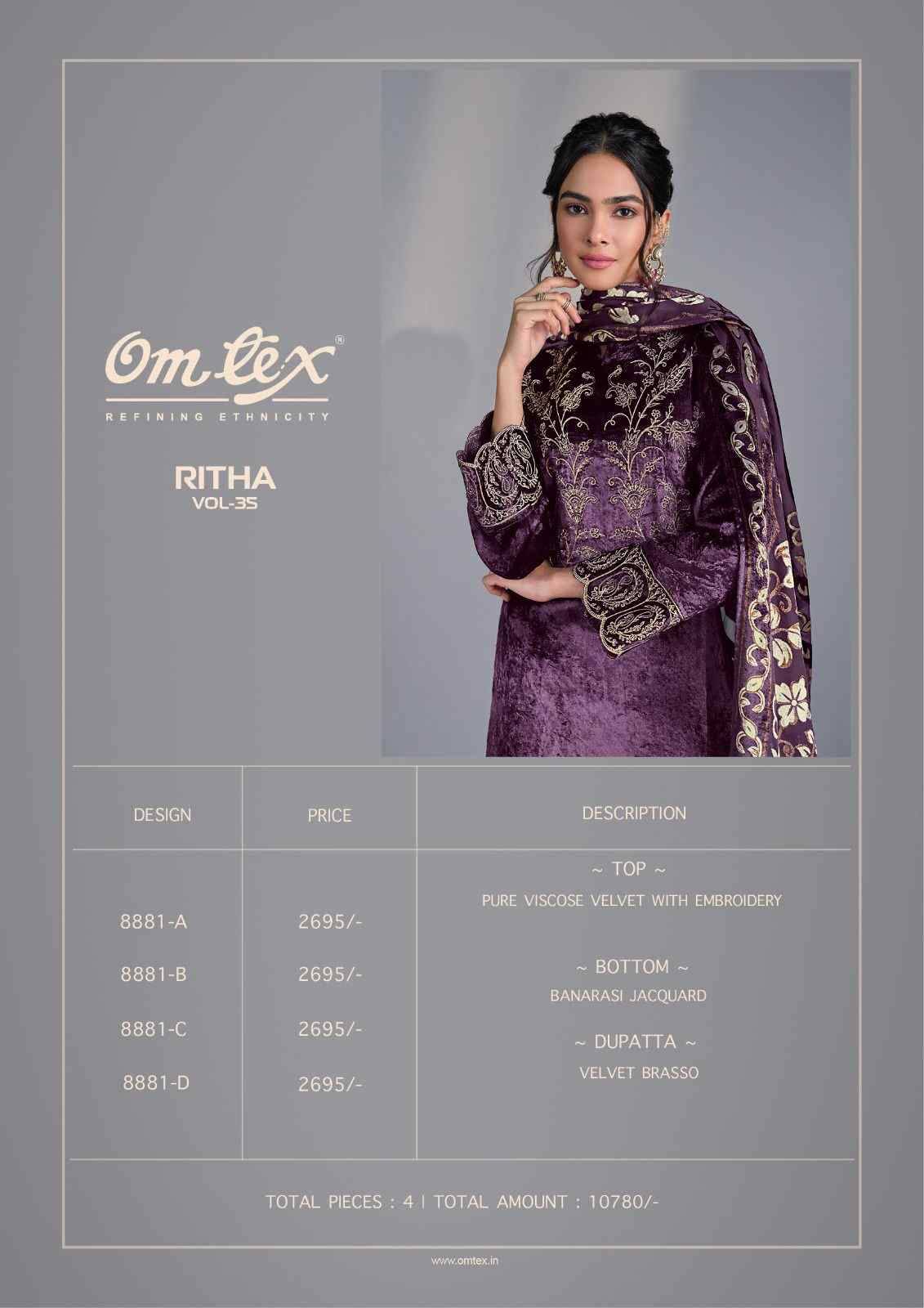 Ritha Vol-35 By Om Tex 8881-A To 8881-D Series Beautiful Festive Suits Colorful Stylish Fancy Casual Wear & Ethnic Wear Viscose Velvet Dresses At Wholesale Price