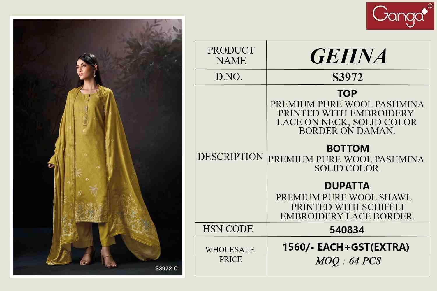 Gehna-3972 By Ganga Fashion 3972-A To 3972-D Series Beautiful Festive Suits Stylish Colorful Fancy Casual Wear & Ethnic Wear Premium Pashmina Print Dresses At Wholesale Price