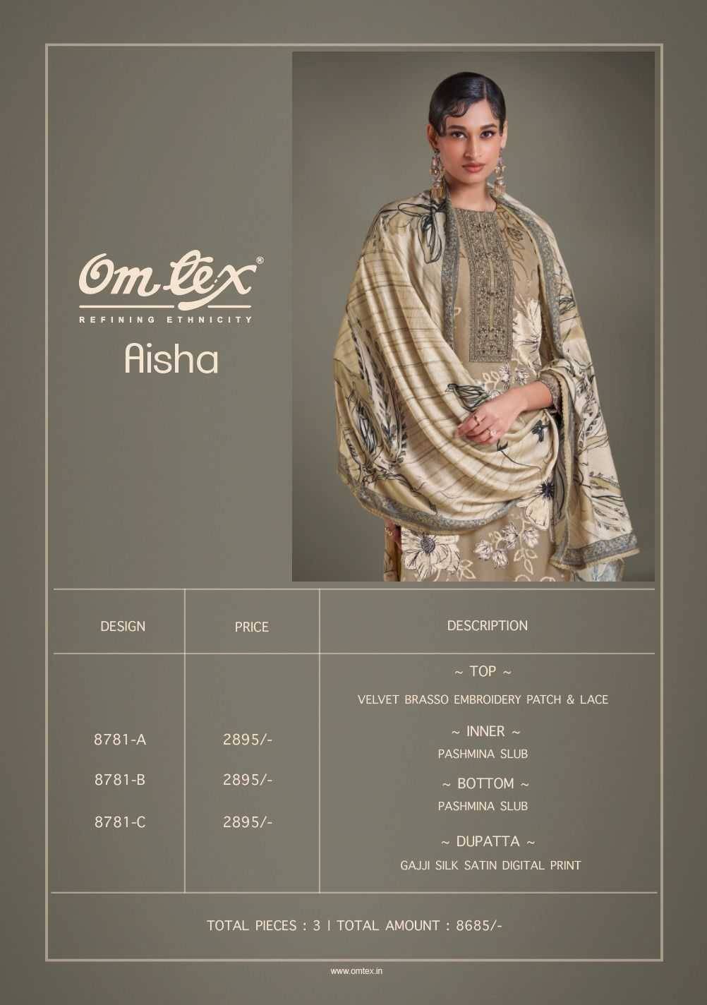 Aisha By Om Tex 8781-A To 8781-C Series Beautiful Festive Suits Colorful Stylish Fancy Casual Wear & Ethnic Wear Velvet Dresses At Wholesale Price