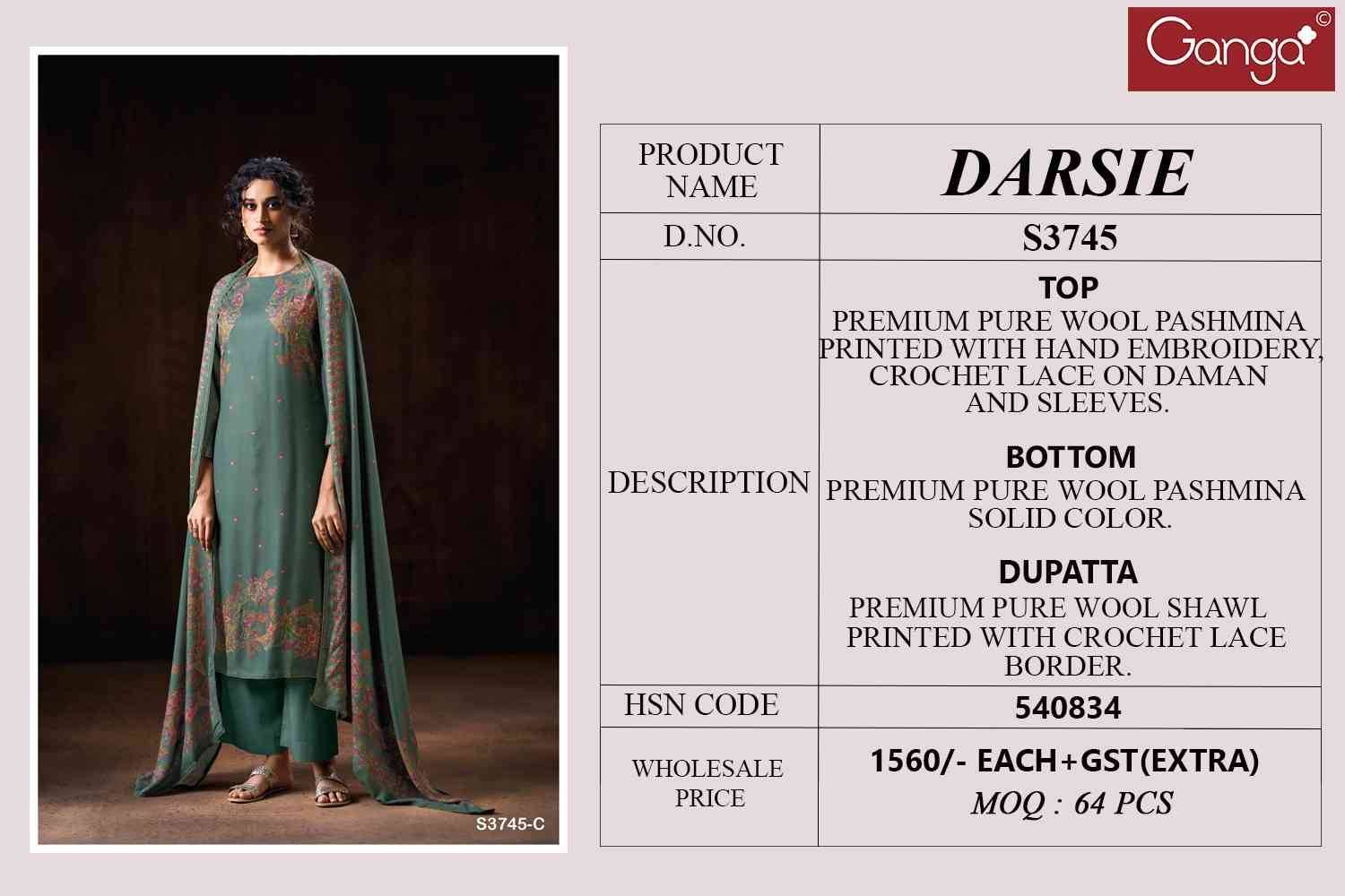 Darsie-3745 By Ganga Fashion 3745-A To 3745-D Series Beautiful Festive Suits Stylish Colorful Fancy Casual Wear & Ethnic Wear Premium Pashmina Print Dresses At Wholesale Price