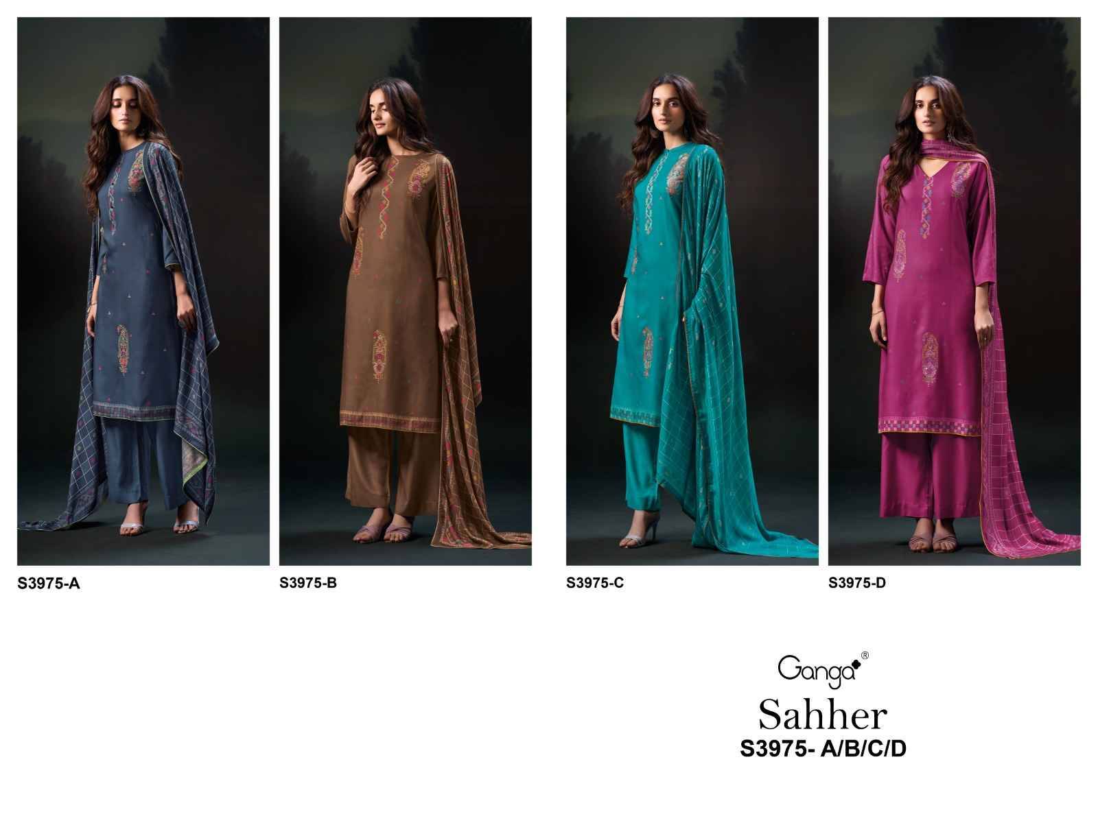 Sahher-3975 By Ganga Fashion 3975-A To 3975-D Series Beautiful Festive Suits Stylish Colorful Fancy Casual Wear & Ethnic Wear Premium Pashmina Print Dresses At Wholesale Price