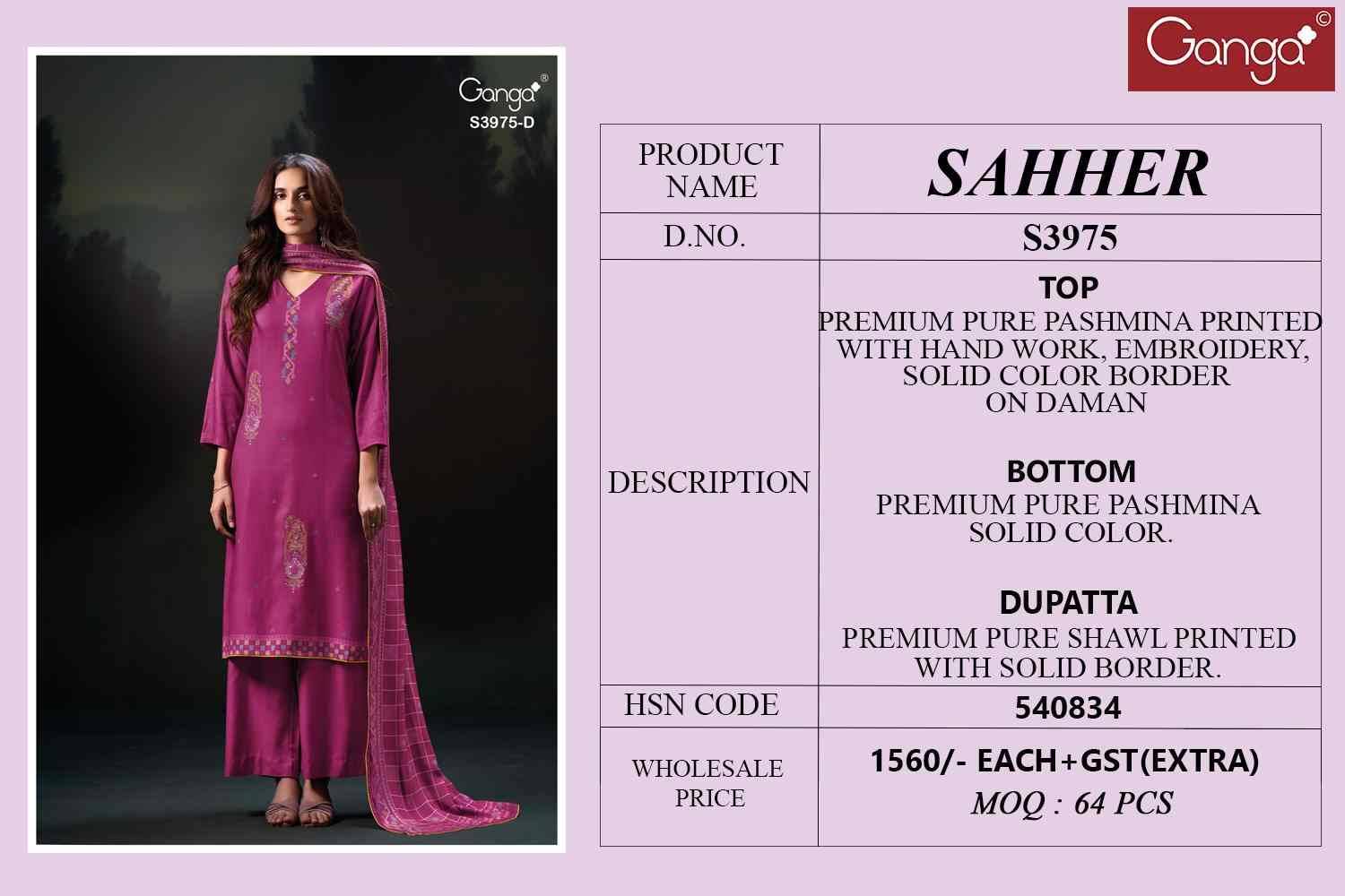 Sahher-3975 By Ganga Fashion 3975-A To 3975-D Series Beautiful Festive Suits Stylish Colorful Fancy Casual Wear & Ethnic Wear Premium Pashmina Print Dresses At Wholesale Price