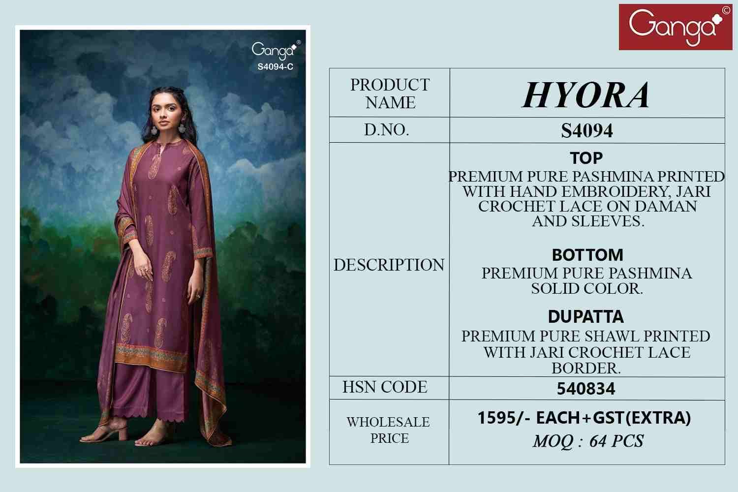 Hyora-4094 By Ganga Fashion 4094-A To 4094-D Series Beautiful Festive Suits Stylish Colorful Fancy Casual Wear & Ethnic Wear Pure Pashmina Print Dresses At Wholesale Price