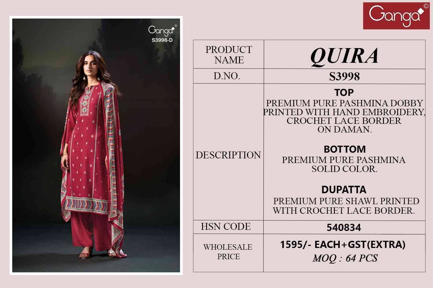 Quira-3998 By Ganga Fashion 3998-A To 3998-D Series Beautiful Festive Suits Stylish Colorful Fancy Casual Wear & Ethnic Wear Pure Pashmina Print Dresses At Wholesale Price