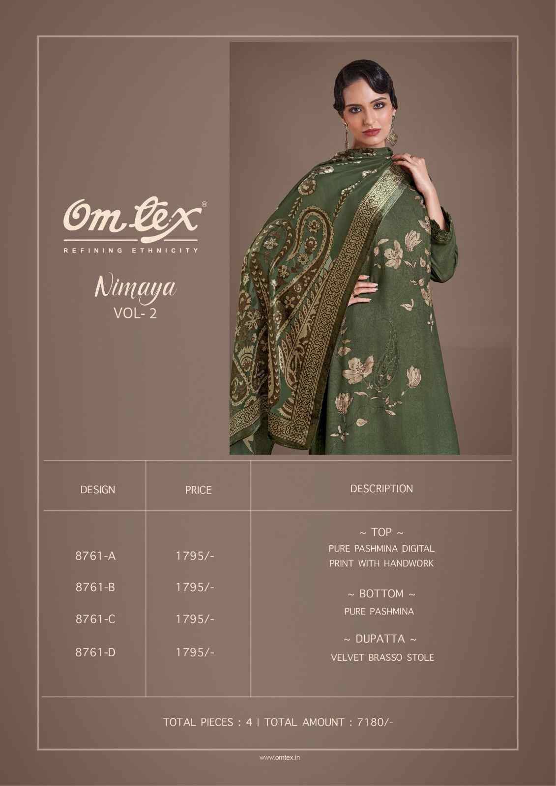 Nimaya Vol-2 By Om Tex 8761-A To 8761-D Series Beautiful Festive Suits Colorful Stylish Fancy Casual Wear & Ethnic Wear Pure Pashmina Dresses At Wholesale Price