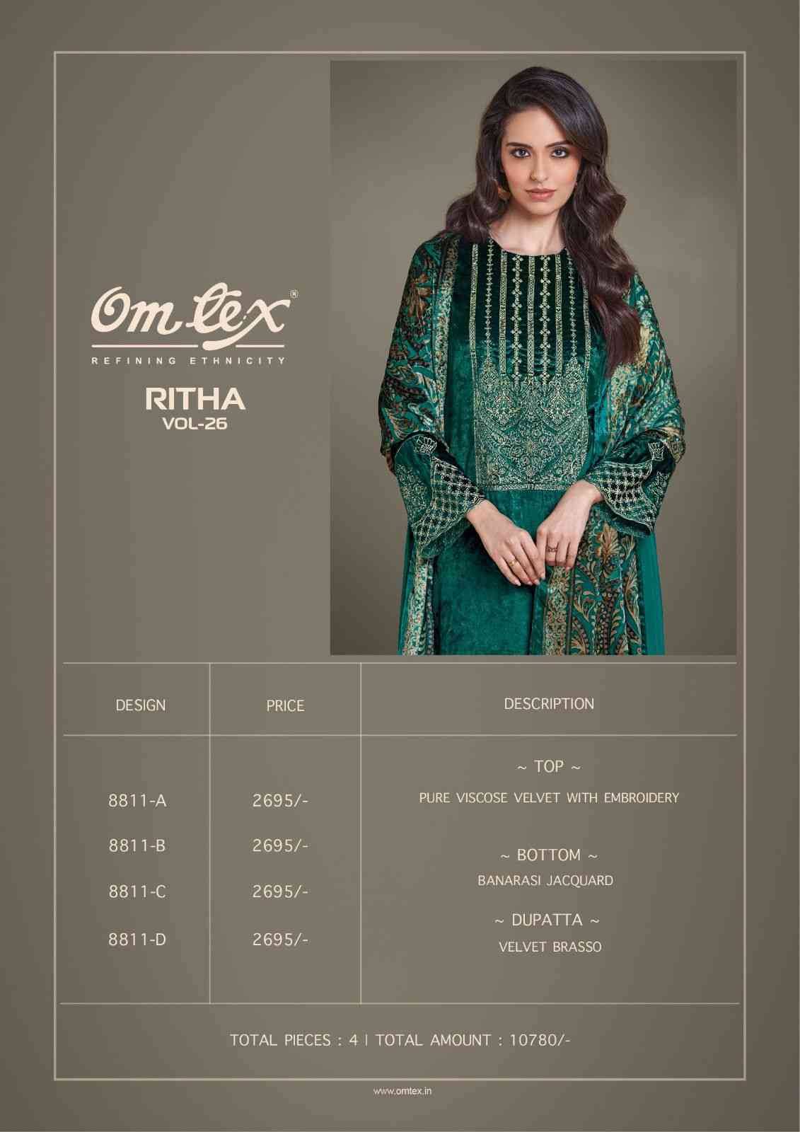 Ritha Vol-26 By Om Tex 8811-A To 8811-D Series Beautiful Festive Suits Colorful Stylish Fancy Casual Wear & Ethnic Wear Viscose Velvet Dresses At Wholesale Price