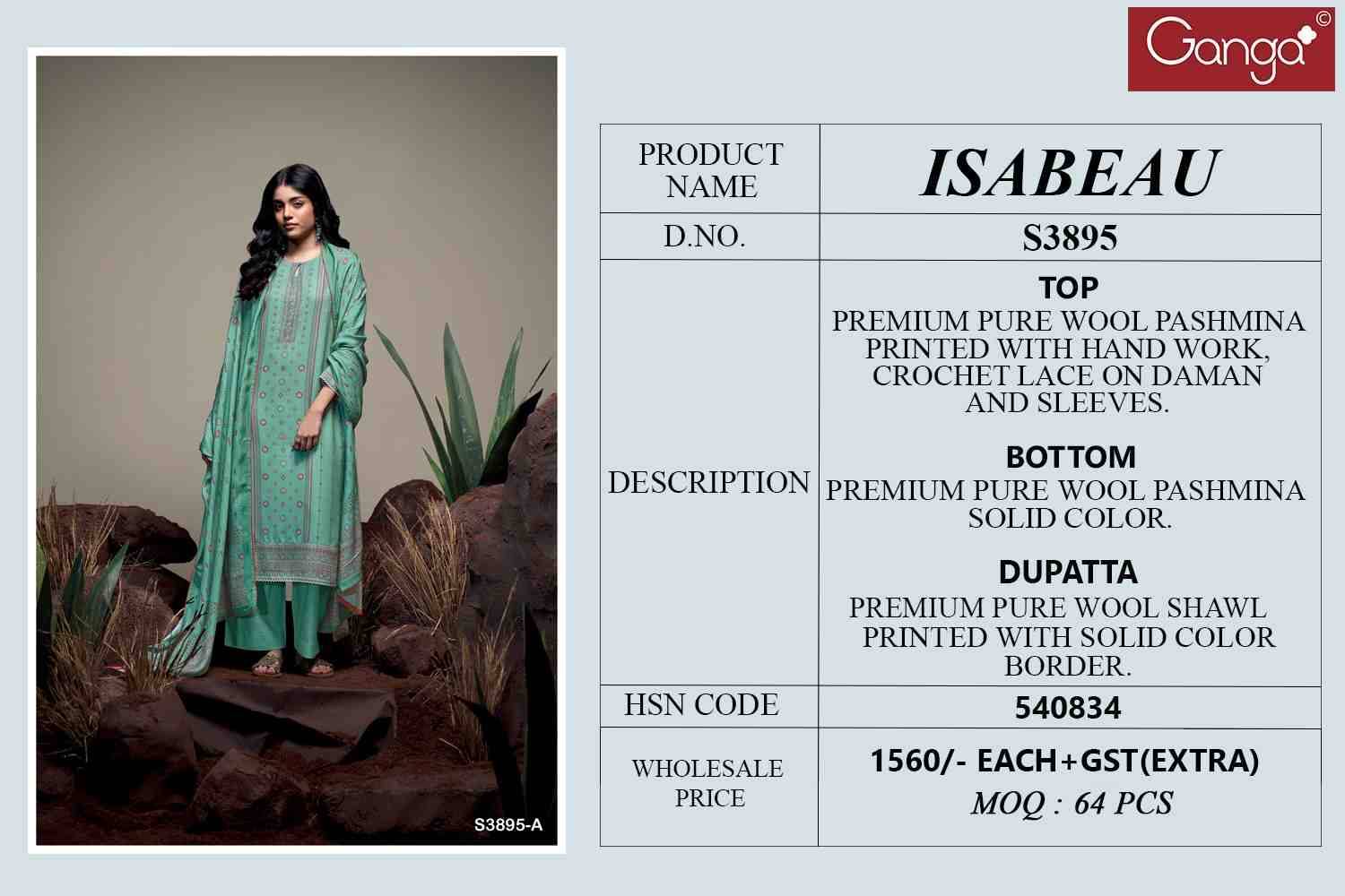 Isabeau-3895 By Ganga Fashion 3895-A To 3895-D Series Beautiful Festive Suits Stylish Colorful Fancy Casual Wear & Ethnic Wear Pure Pashmina Print Dresses At Wholesale Price