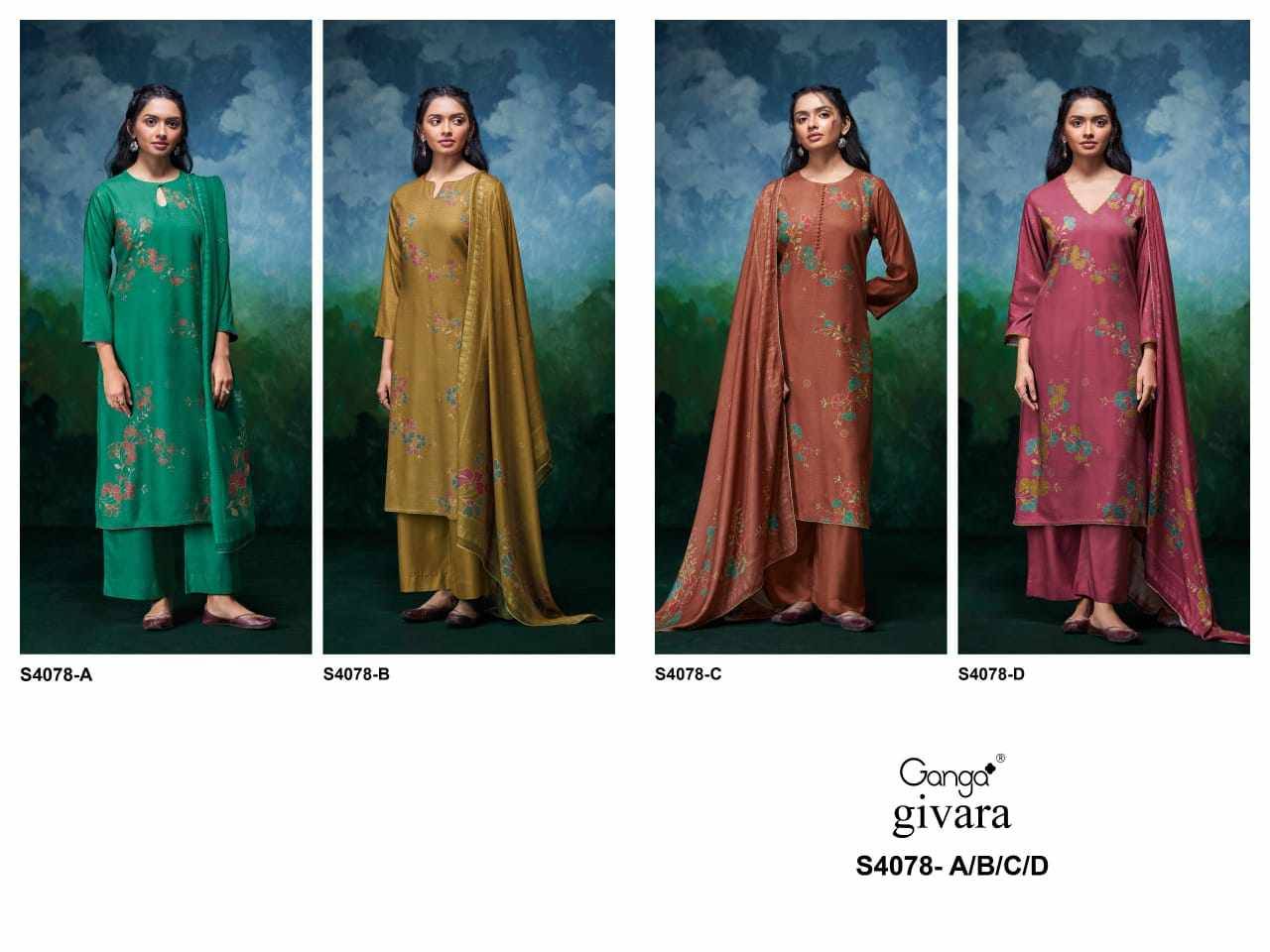 Givara-4078 By Ganga Fashion 4078-A To 4078-D Series Beautiful Festive Suits Stylish Colorful Fancy Casual Wear & Ethnic Wear Pure Pashmina Print Dresses At Wholesale Price