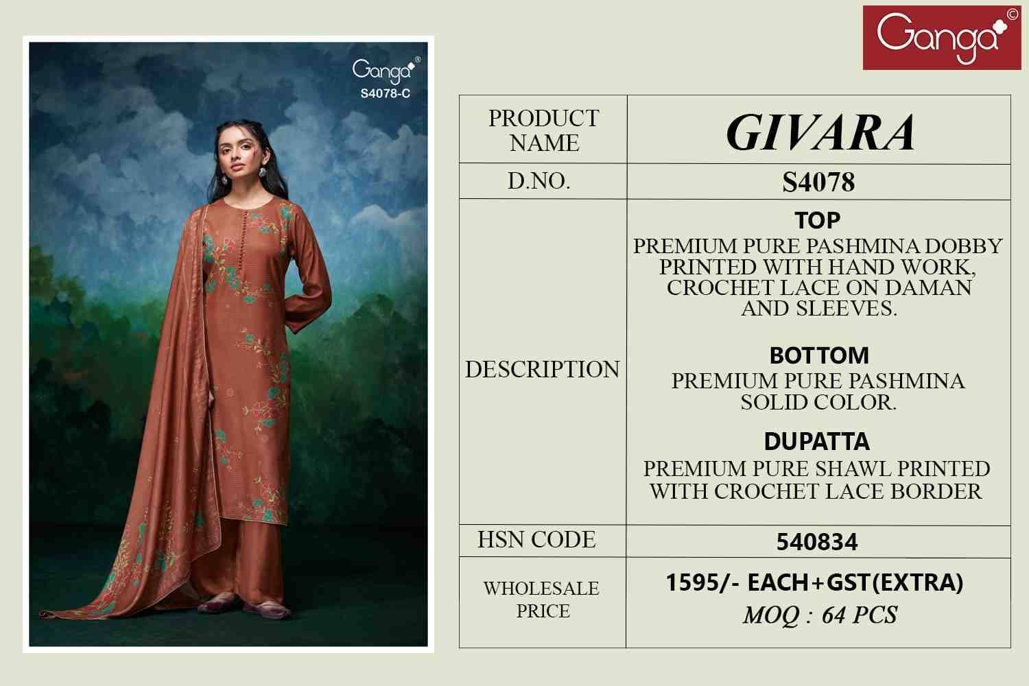 Givara-4078 By Ganga Fashion 4078-A To 4078-D Series Beautiful Festive Suits Stylish Colorful Fancy Casual Wear & Ethnic Wear Pure Pashmina Print Dresses At Wholesale Price