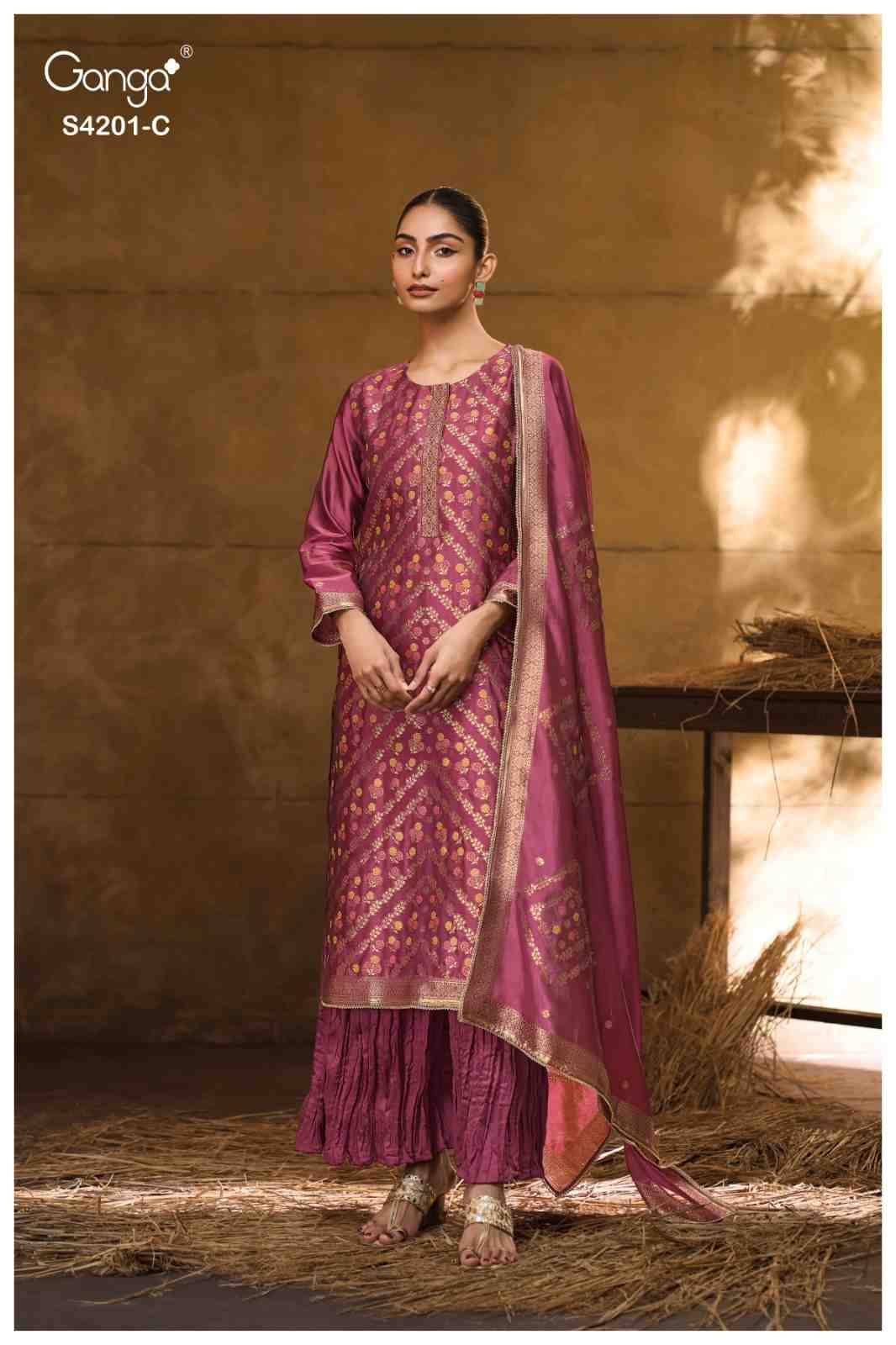 Jerica-4201 By Ganga Fashion 4201-A To 4201-D Series Beautiful Festive Suits Stylish Colorful Fancy Casual Wear & Ethnic Wear Pure Viscose Silk Jacquard Print Dresses At Wholesale Price