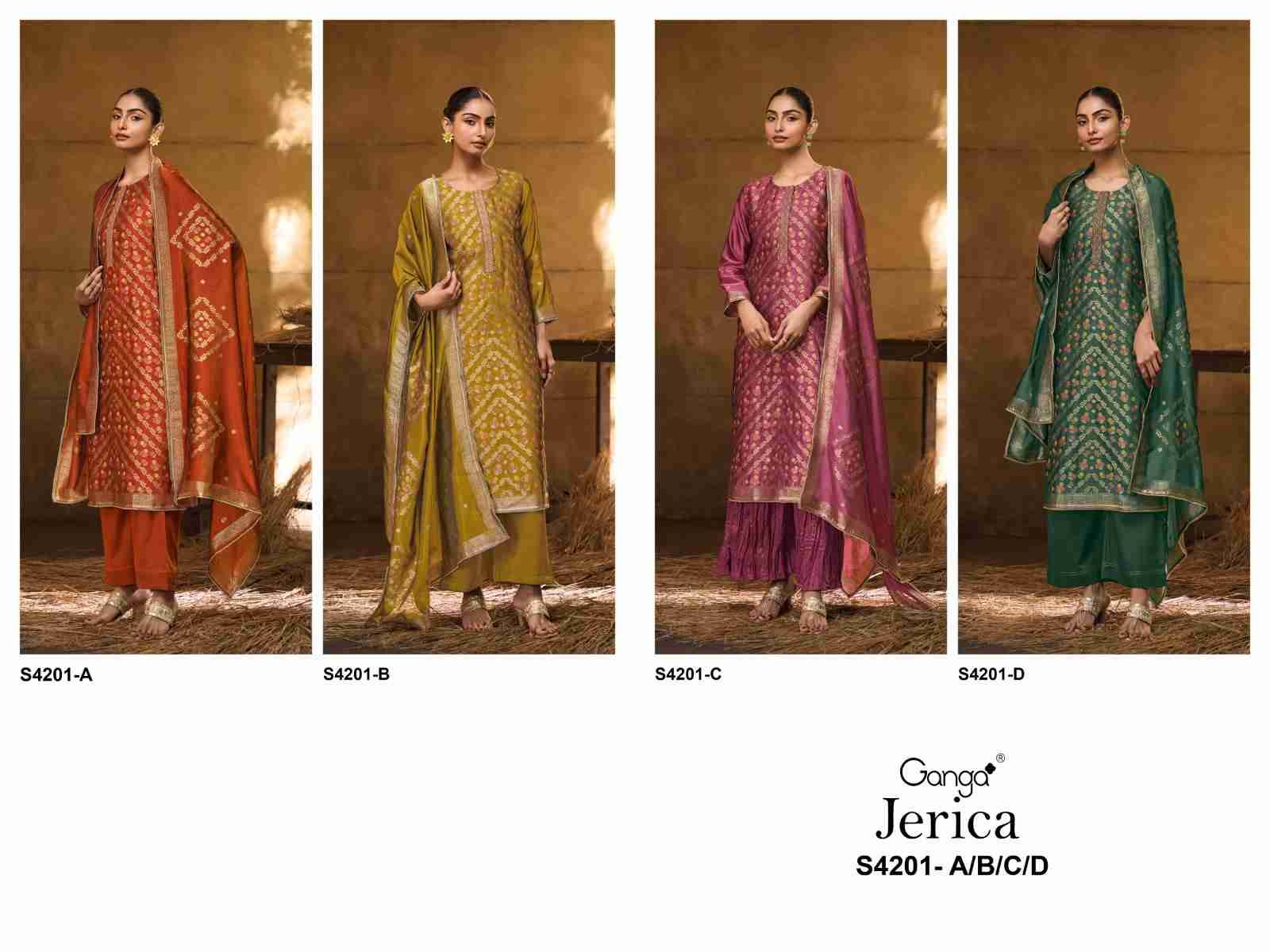 Jerica-4201 By Ganga Fashion 4201-A To 4201-D Series Beautiful Festive Suits Stylish Colorful Fancy Casual Wear & Ethnic Wear Pure Viscose Silk Jacquard Print Dresses At Wholesale Price