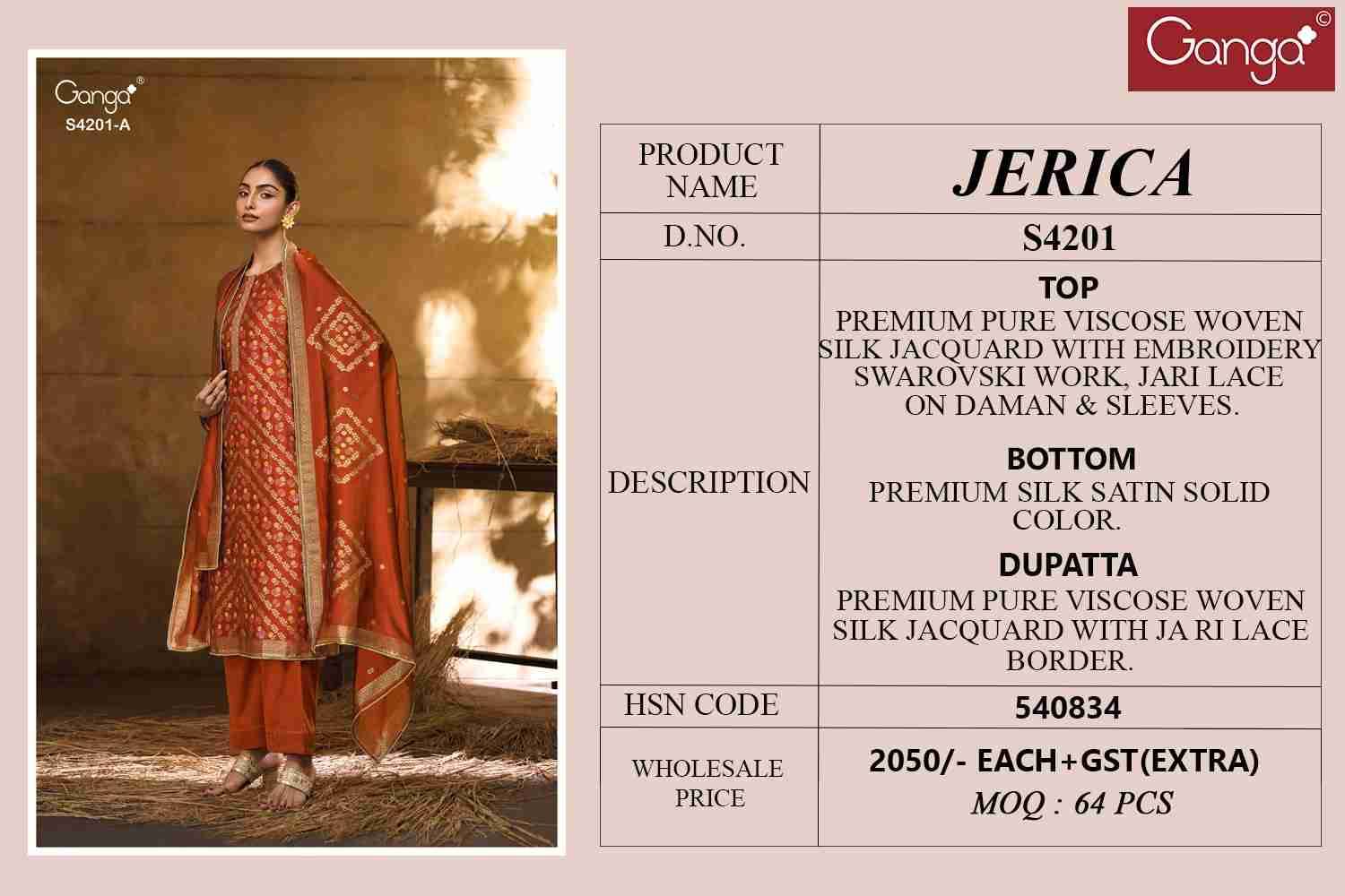 Jerica-4201 By Ganga Fashion 4201-A To 4201-D Series Beautiful Festive Suits Stylish Colorful Fancy Casual Wear & Ethnic Wear Pure Viscose Silk Jacquard Print Dresses At Wholesale Price
