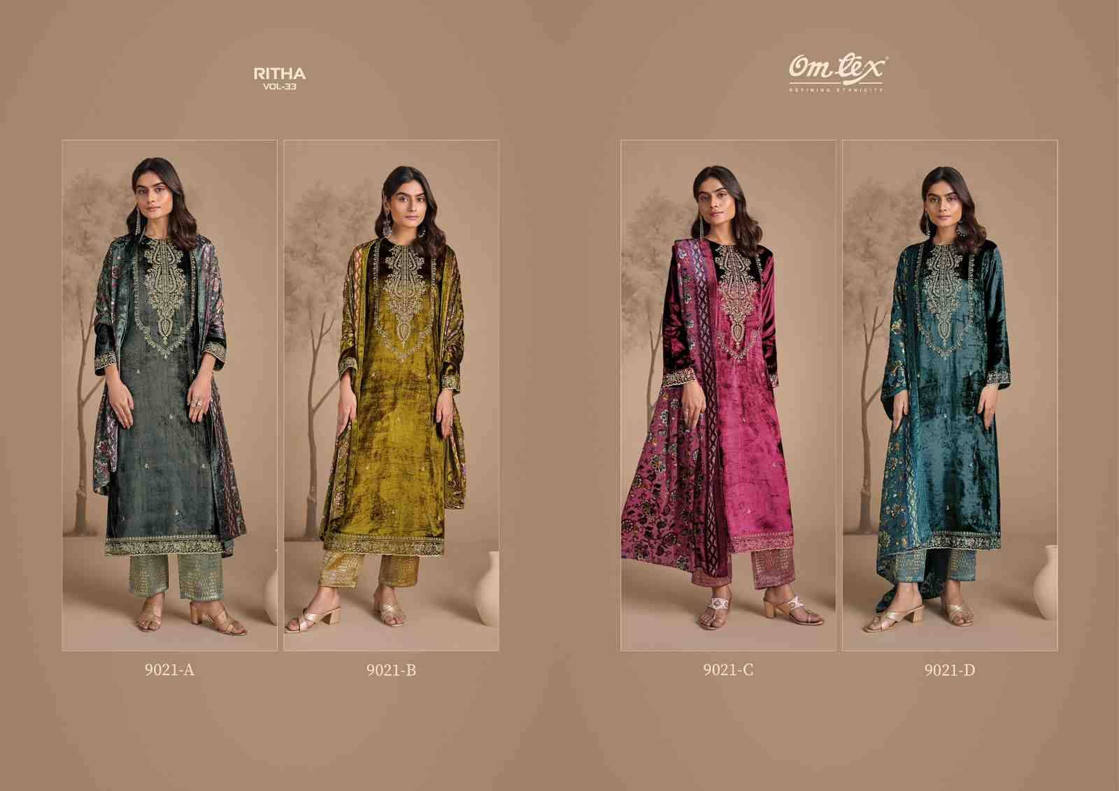 Ritha Vol-33 By Om Tex 9021-A To 9021-D Series Beautiful Festive Suits Colorful Stylish Fancy Casual Wear & Ethnic Wear Viscose Velvet Dresses At Wholesale Price