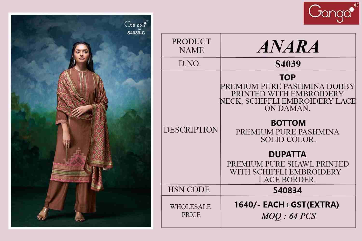 Anara-4039 By Ganga Fashion 4039-A To 4039-D Series Beautiful Festive Suits Stylish Colorful Fancy Casual Wear & Ethnic Wear Pure Pashmina Print Dresses At Wholesale Price
