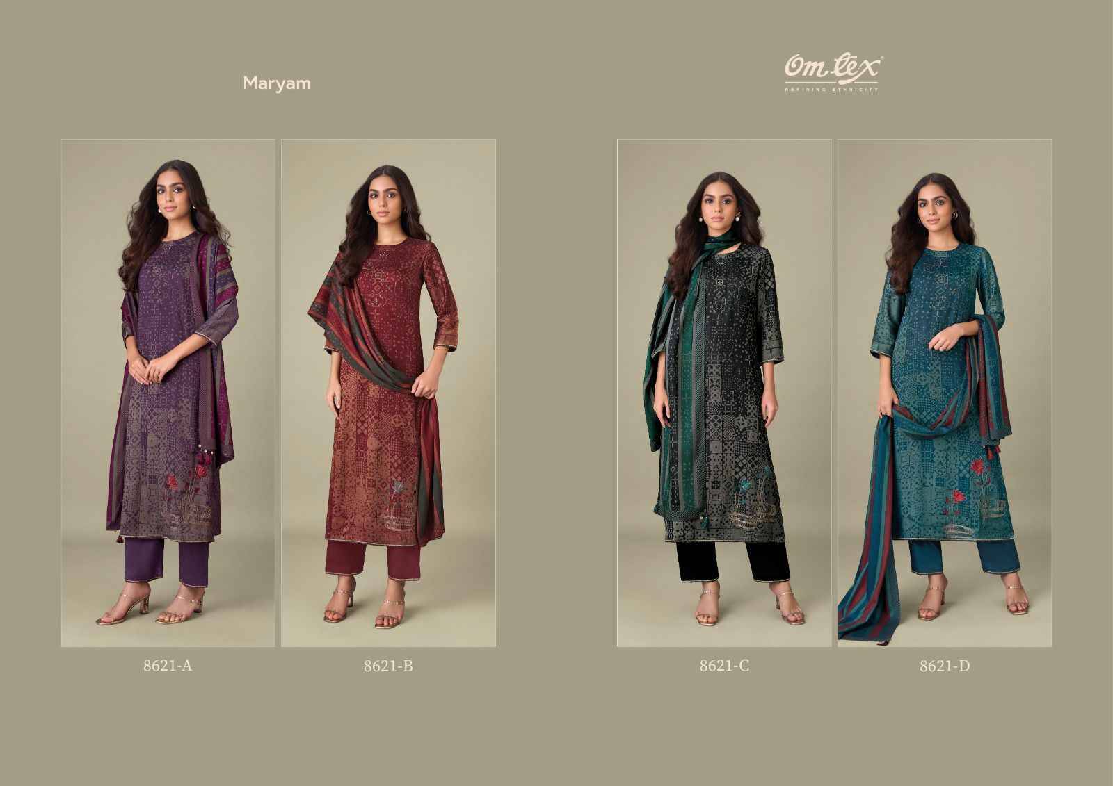 Maryam By Om Tex 8621-A To 8621-D Series Beautiful Festive Suits Colorful Stylish Fancy Casual Wear & Ethnic Wear Twill Dresses At Wholesale Price