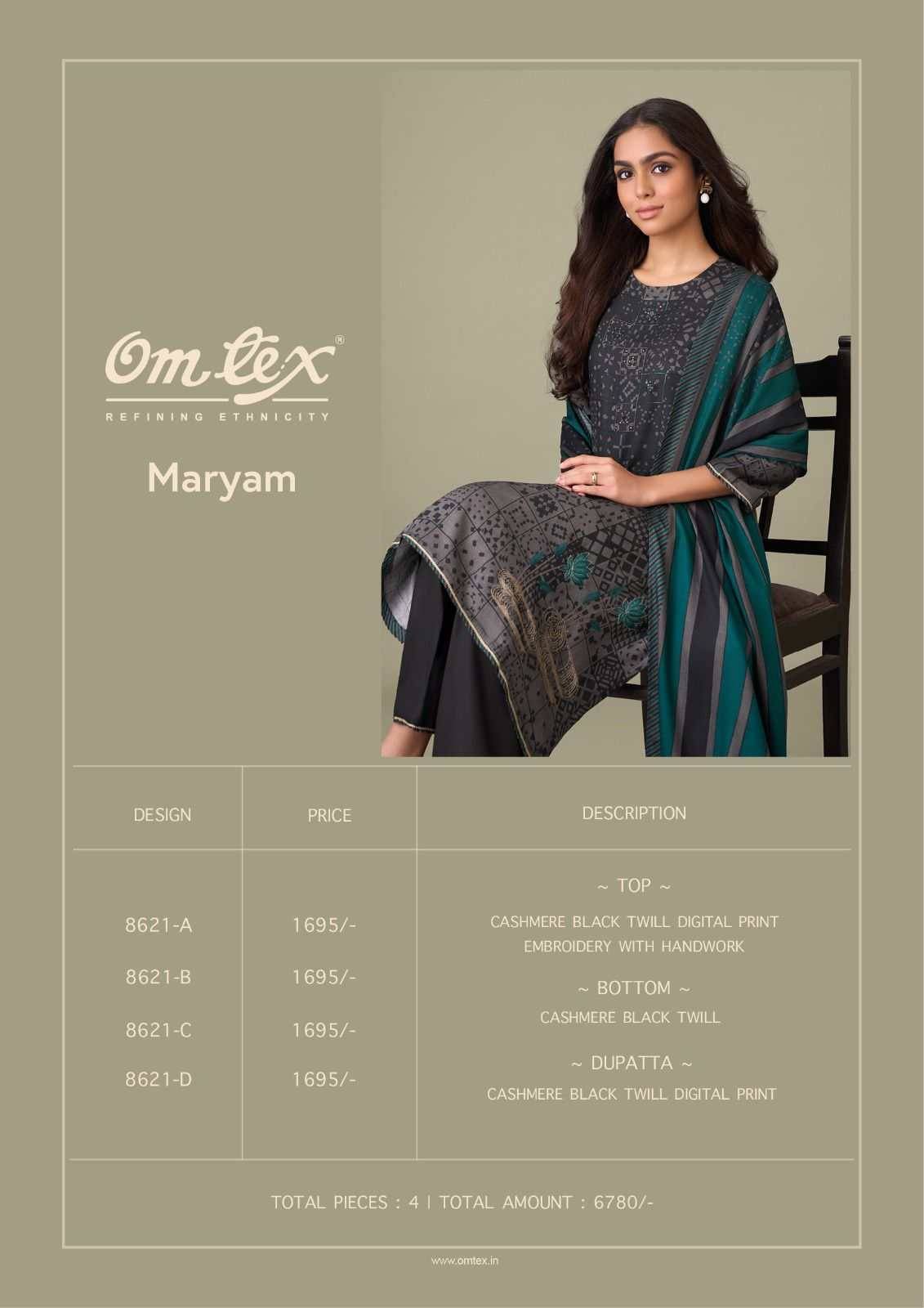Maryam By Om Tex 8621-A To 8621-D Series Beautiful Festive Suits Colorful Stylish Fancy Casual Wear & Ethnic Wear Twill Dresses At Wholesale Price
