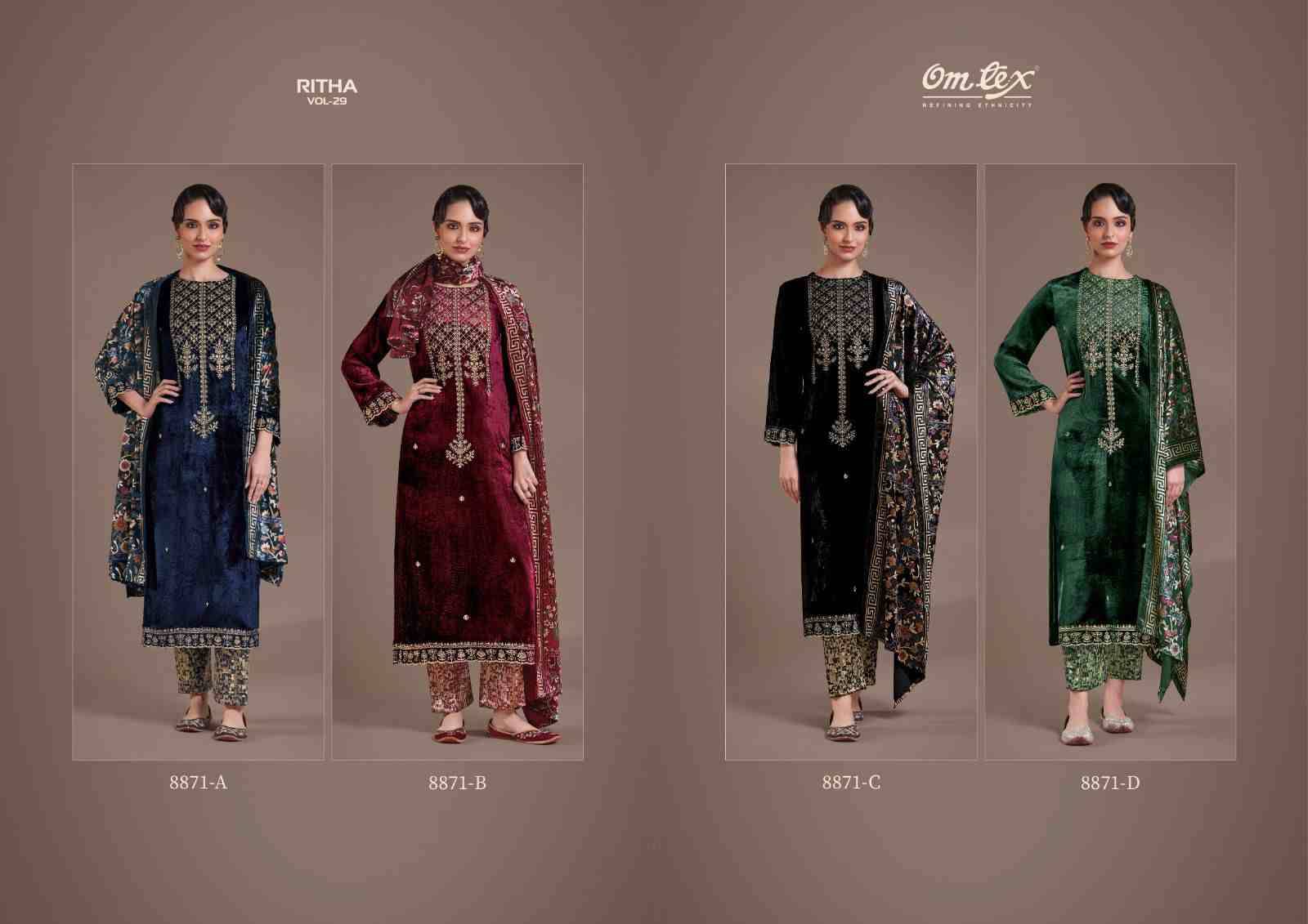 Ritha Vol-29 By Om Tex 8871-A To 8871-D Series Beautiful Festive Suits Colorful Stylish Fancy Casual Wear & Ethnic Wear Viscose Velvet Dresses At Wholesale Price