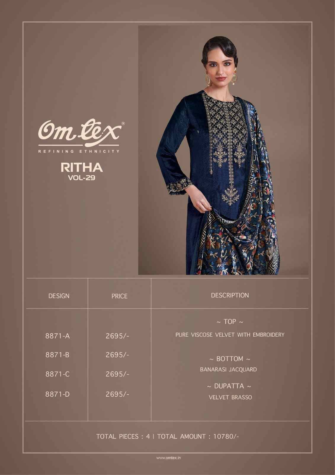 Ritha Vol-29 By Om Tex 8871-A To 8871-D Series Beautiful Festive Suits Colorful Stylish Fancy Casual Wear & Ethnic Wear Viscose Velvet Dresses At Wholesale Price