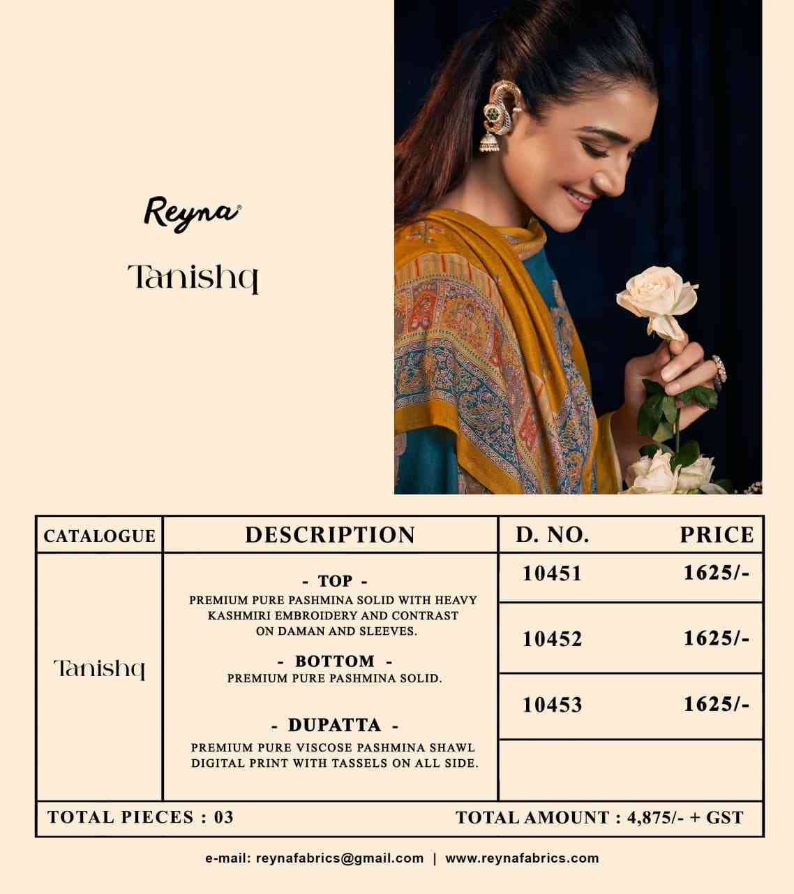 Tanishq By Reyna 10451 To 10453 Series Beautiful Festive Suits Colorful Stylish Fancy Casual Wear & Ethnic Wear Pure Pashmina Dresses At Wholesale Price