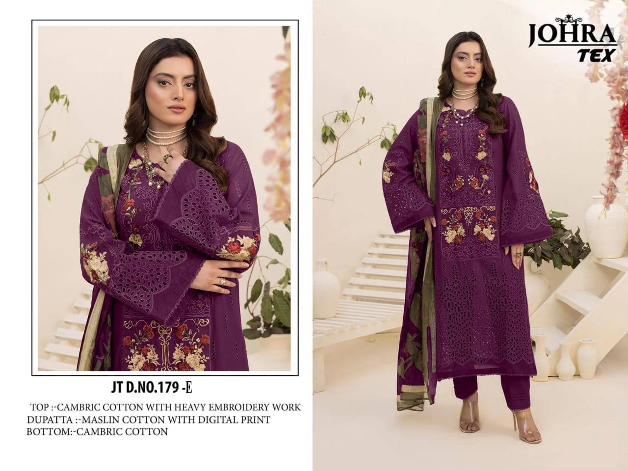 Johra Hit Design 179 Colours By Johra Tex 179-D To 179-E Series Beautiful Pakistani Suits Colorful Stylish Fancy Casual Wear & Ethnic Wear Cambric Cotton Embroidered Dresses At Wholesale Price