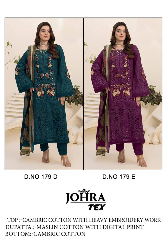 Johra Hit Design 179 Colours By Johra Tex 179-D To 179-E Series Beautiful Pakistani Suits Colorful Stylish Fancy Casual Wear & Ethnic Wear Cambric Cotton Embroidered Dresses At Wholesale Price