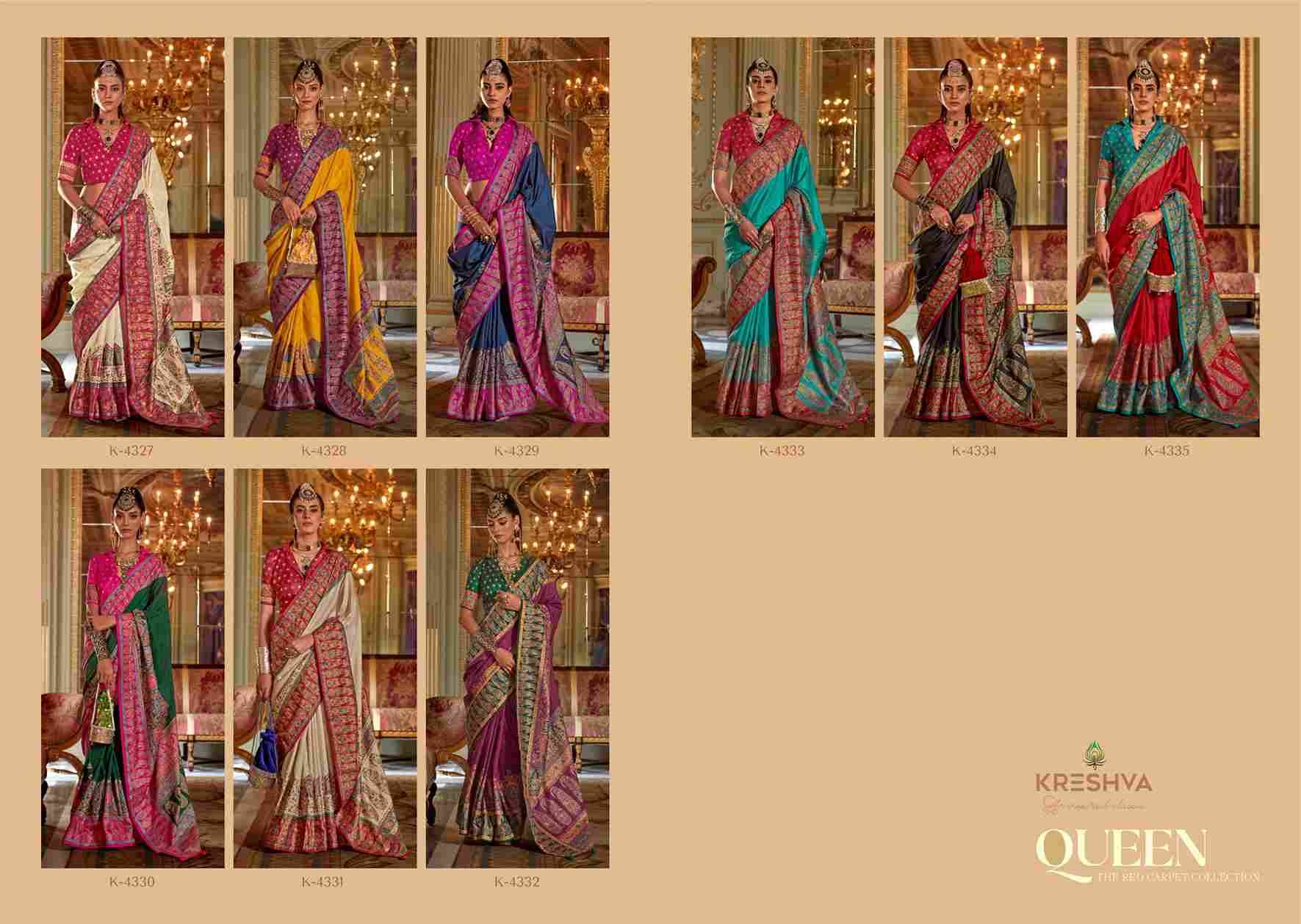 Queen By Kreshva K-4327 To K-4335 Series Indian Traditional Wear Collection Beautiful Stylish Fancy Colorful Party Wear & Occasional Wear Silk Sarees At Wholesale Price