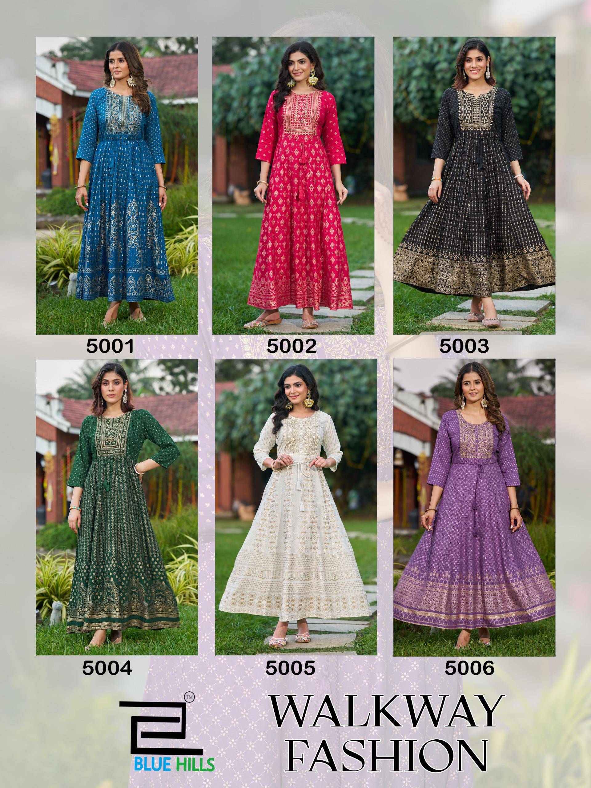Walkway Fashion By Blue Hills 5001 To 5006 Series Beautiful Stylish Fancy Colorful Casual Wear & Ethnic Wear Rayon Gowns At Wholesale Price