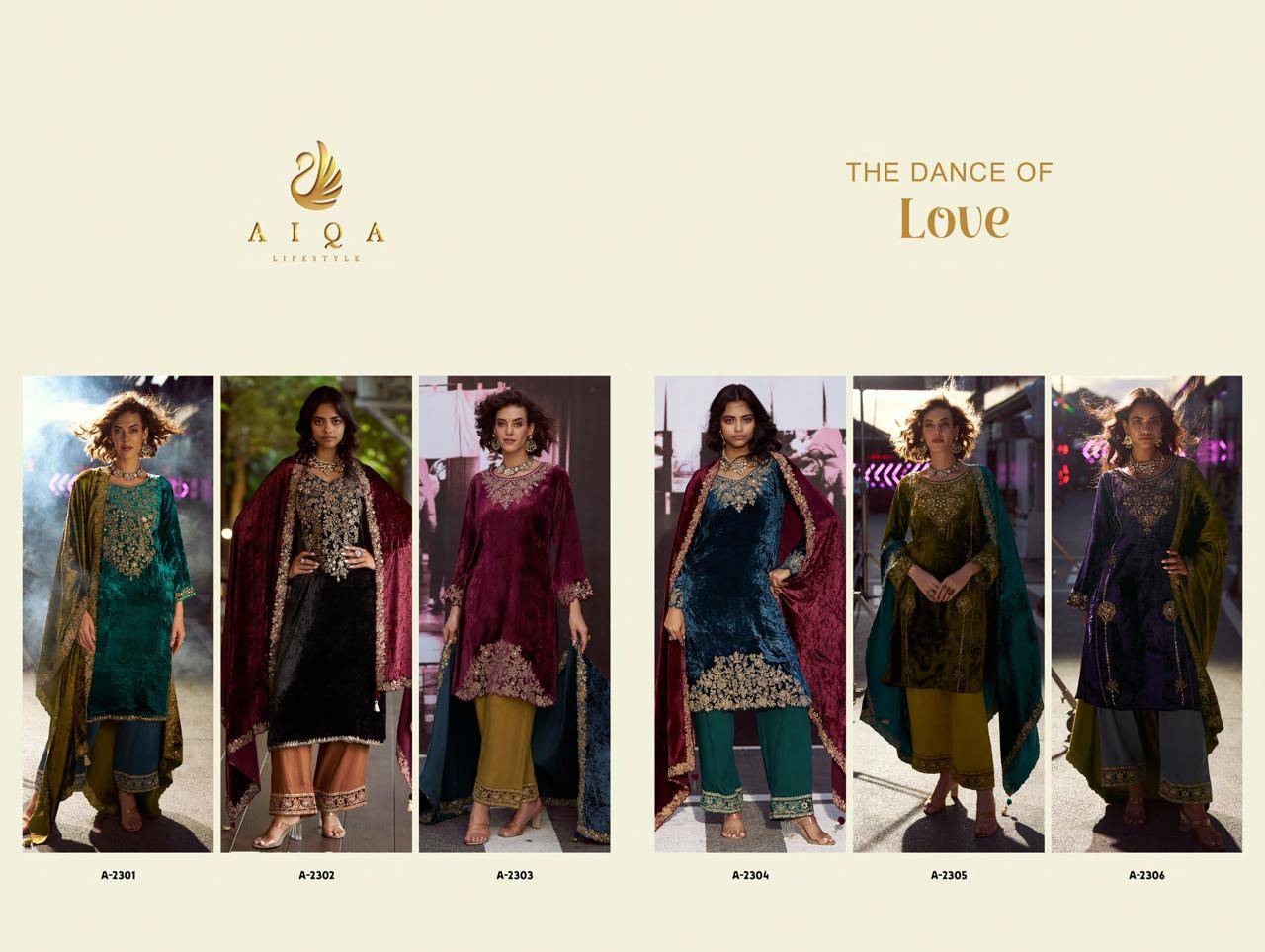 The Dance Of Love By Aiqa 2301 To 2306 Series Beautiful Festive Suits Colorful Stylish Fancy Casual Wear & Ethnic Wear Pure Viscose Velvet Dresses At Wholesale Price