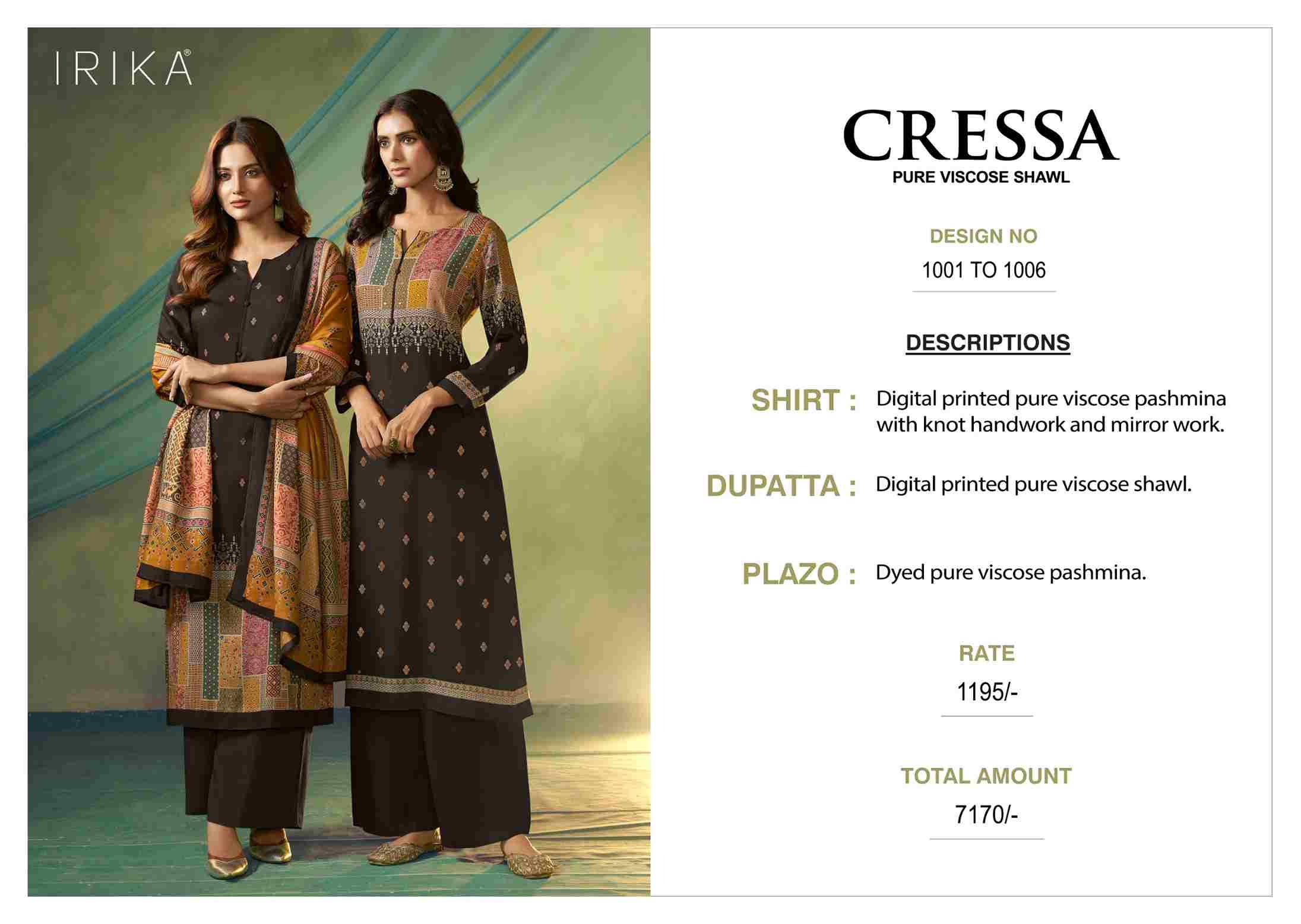 Cressa By Irika 1001 To 1006 Series Designer Stylish Fancy Colorful Beautiful Party Wear & Ethnic Wear Collection Viscose Pashmina Dresses At Wholesale Price